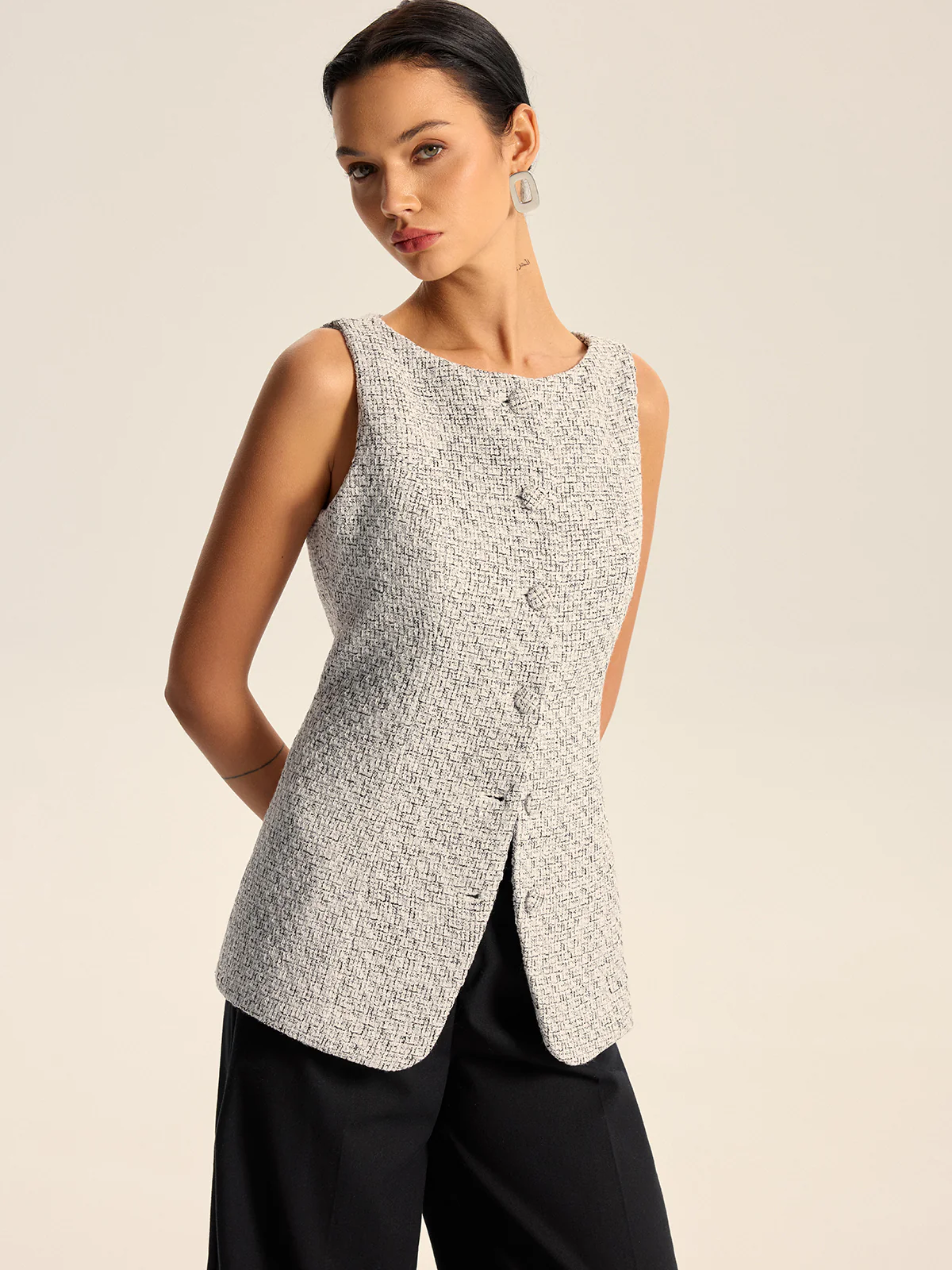 Textured Tweed Button Vest - Wholesalesil