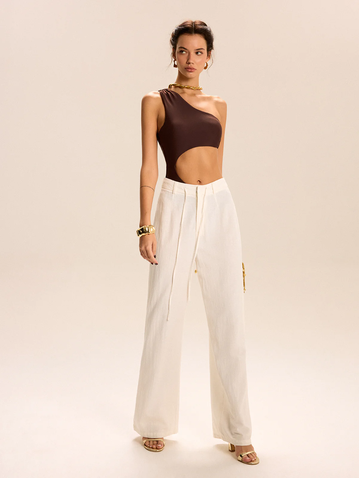 One Shoulder Cutout Metal Buckle One-Piece - Wholesalesil