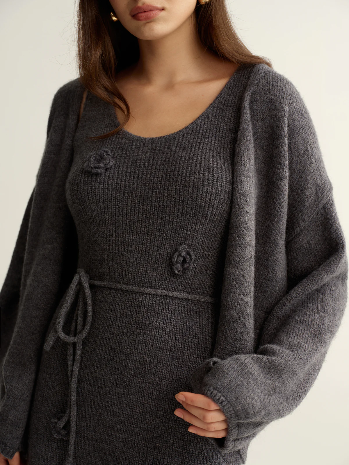 3D Floral Knit Dress & Cardigan Two-Piece Set - Wholesalesil