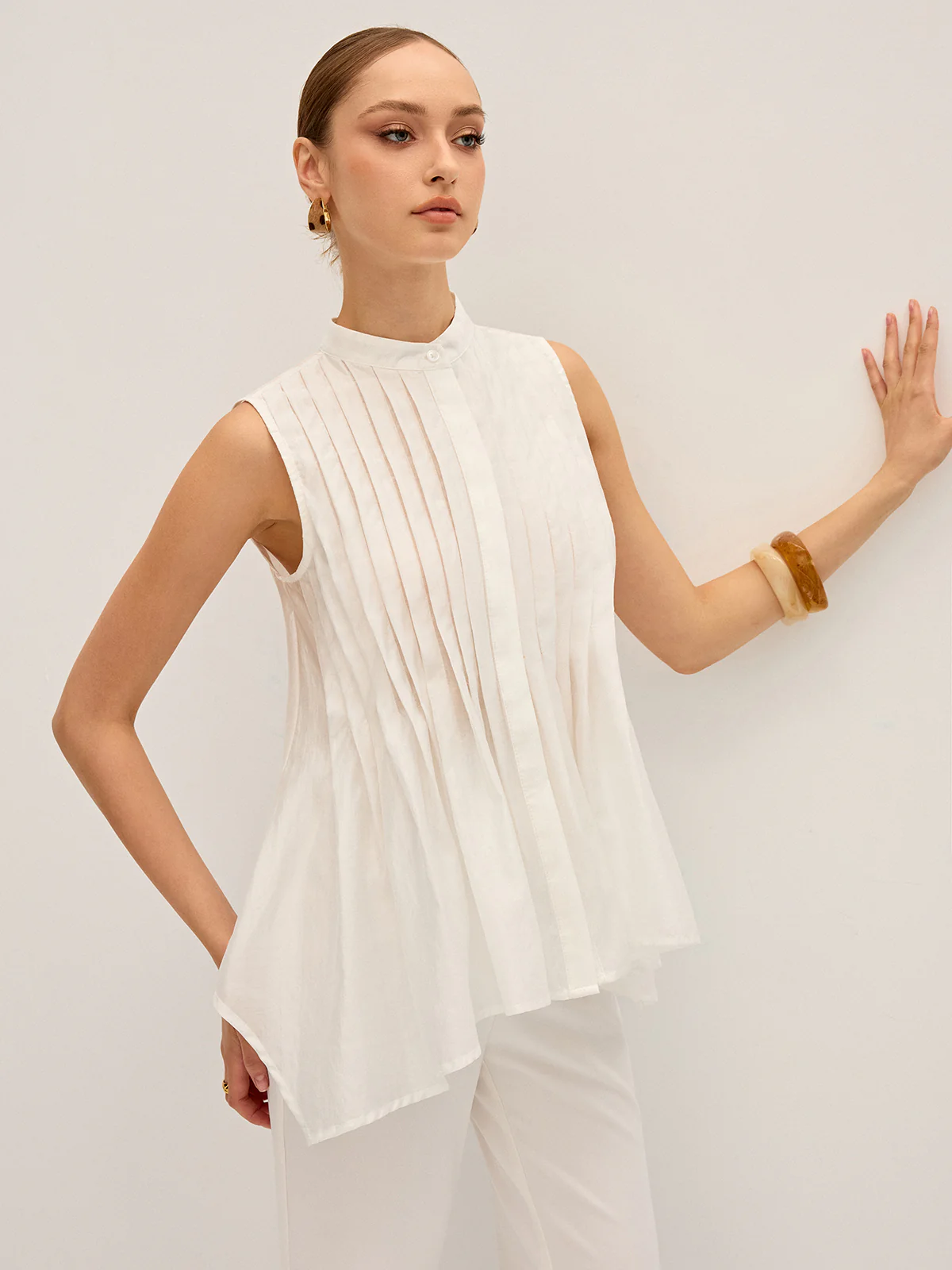 Semi-Sheer Pleated Mock Neck Blouse - Wholesalesil