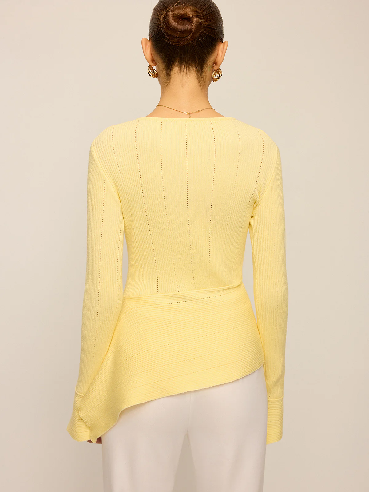 Asymmetric Hem Flare Sleeve Eyelet Sweater - Wholesalesil