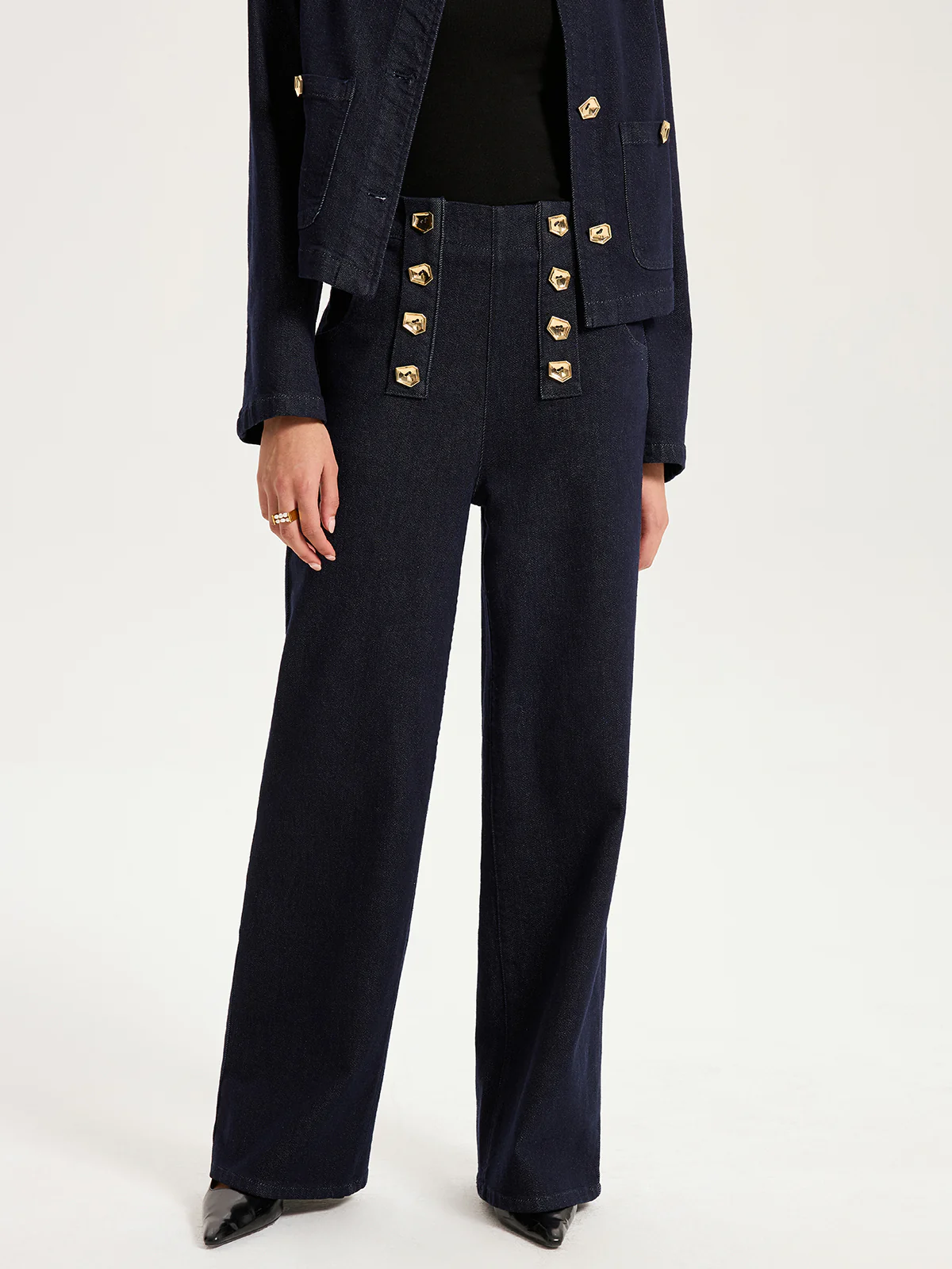 Metal Detail Denim Wide-Leg Jeans - Wholesalesil