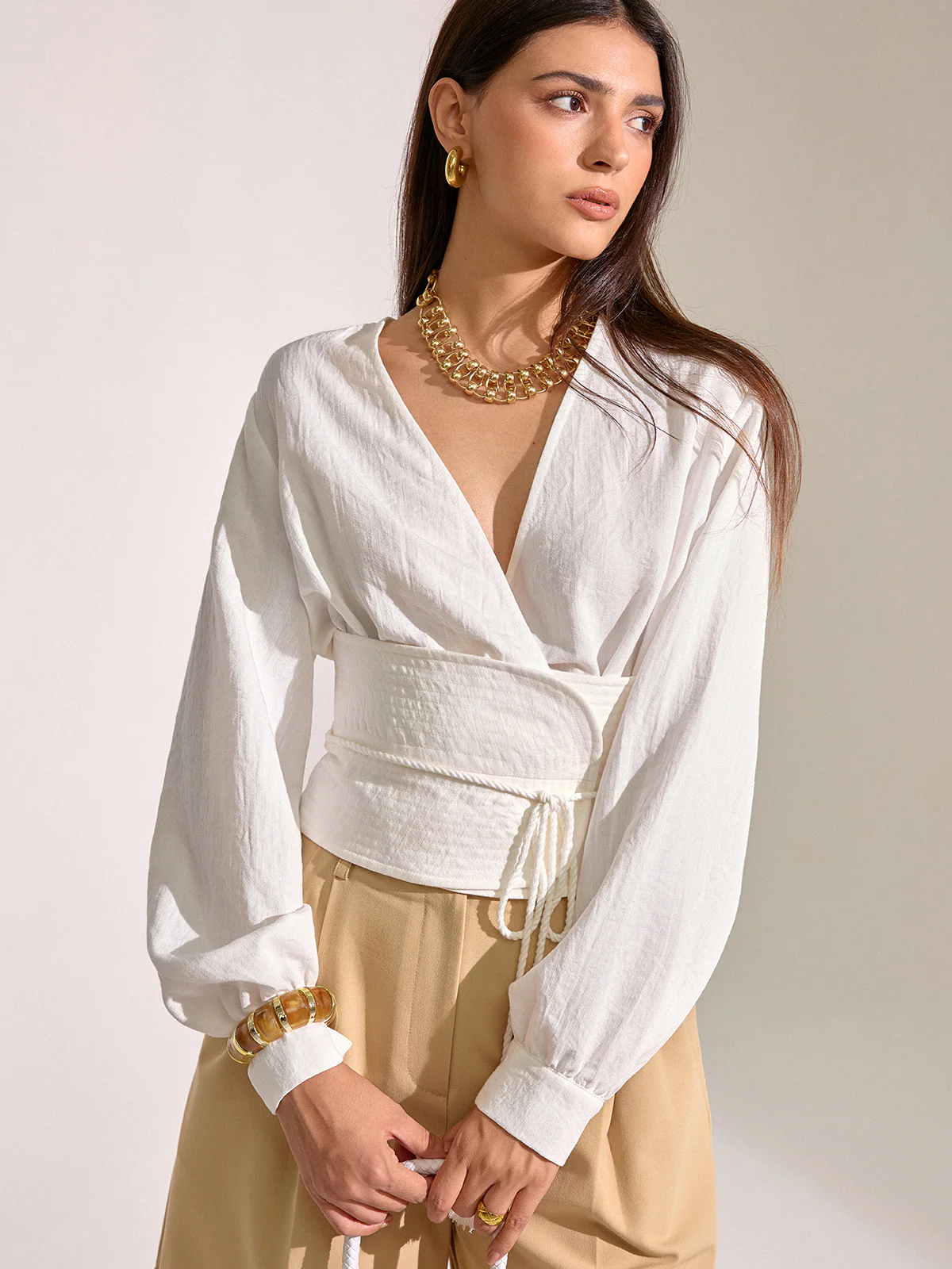 Cinched Waist Tassel Tie Wrap Blouse - Wholesalesil