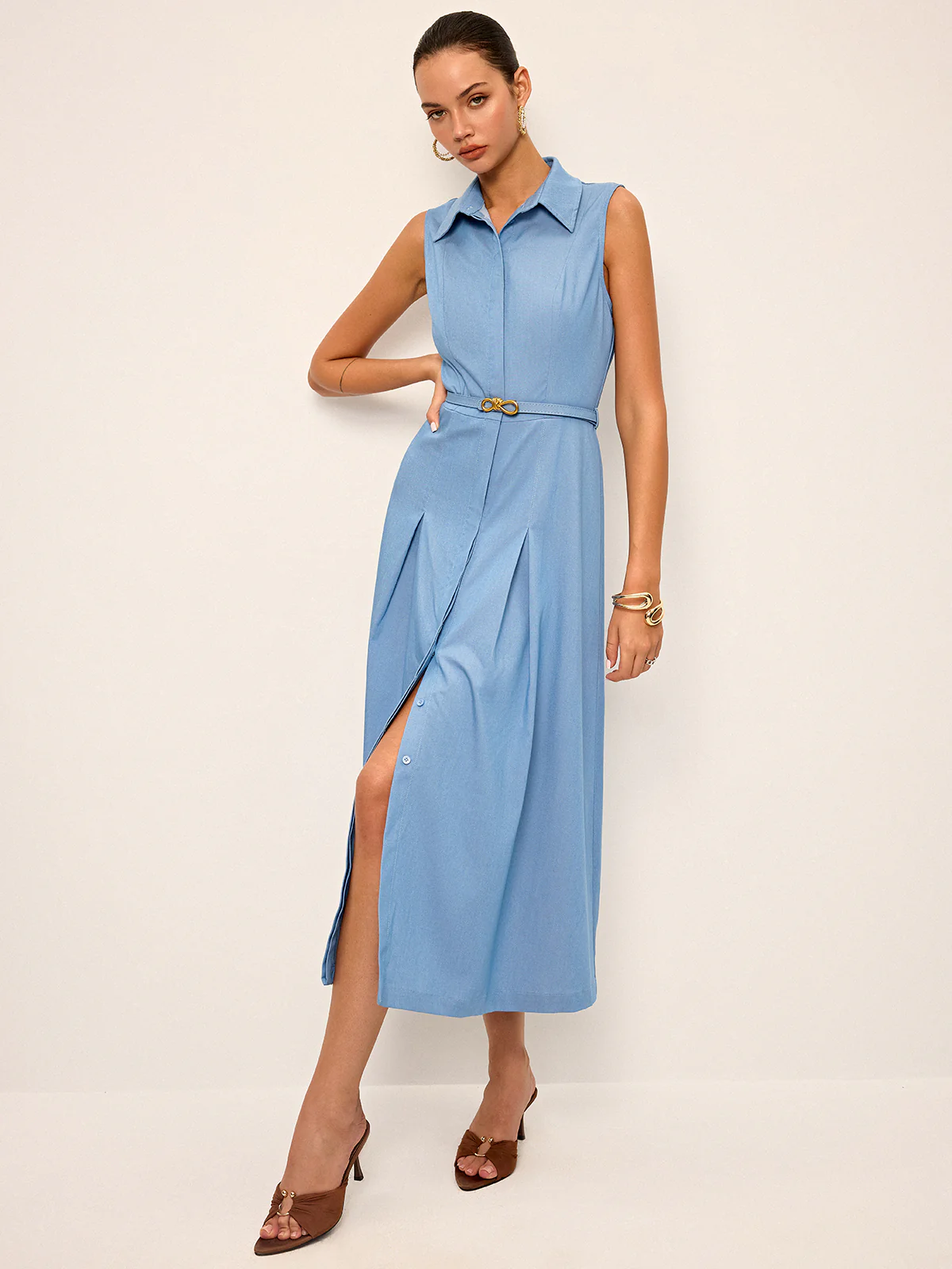 Belted Sleeveless Shirt Midi Dress - Wholesalesil
