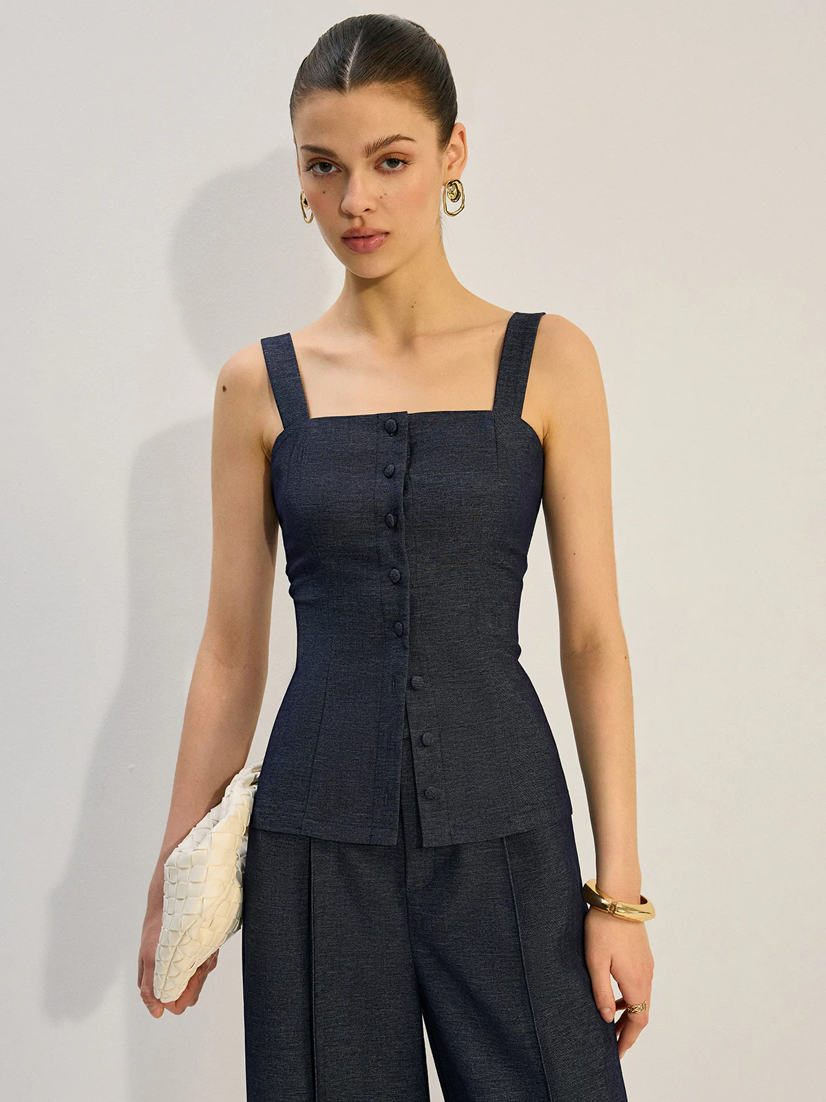 Button-Front Denim Vest Top - Wholesalesil