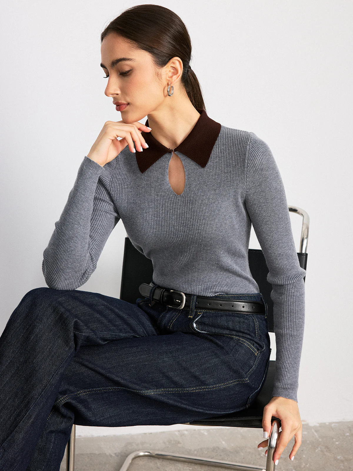 Contrast Collar Wool Blend Ribbed Knit Top - Wholesalesil