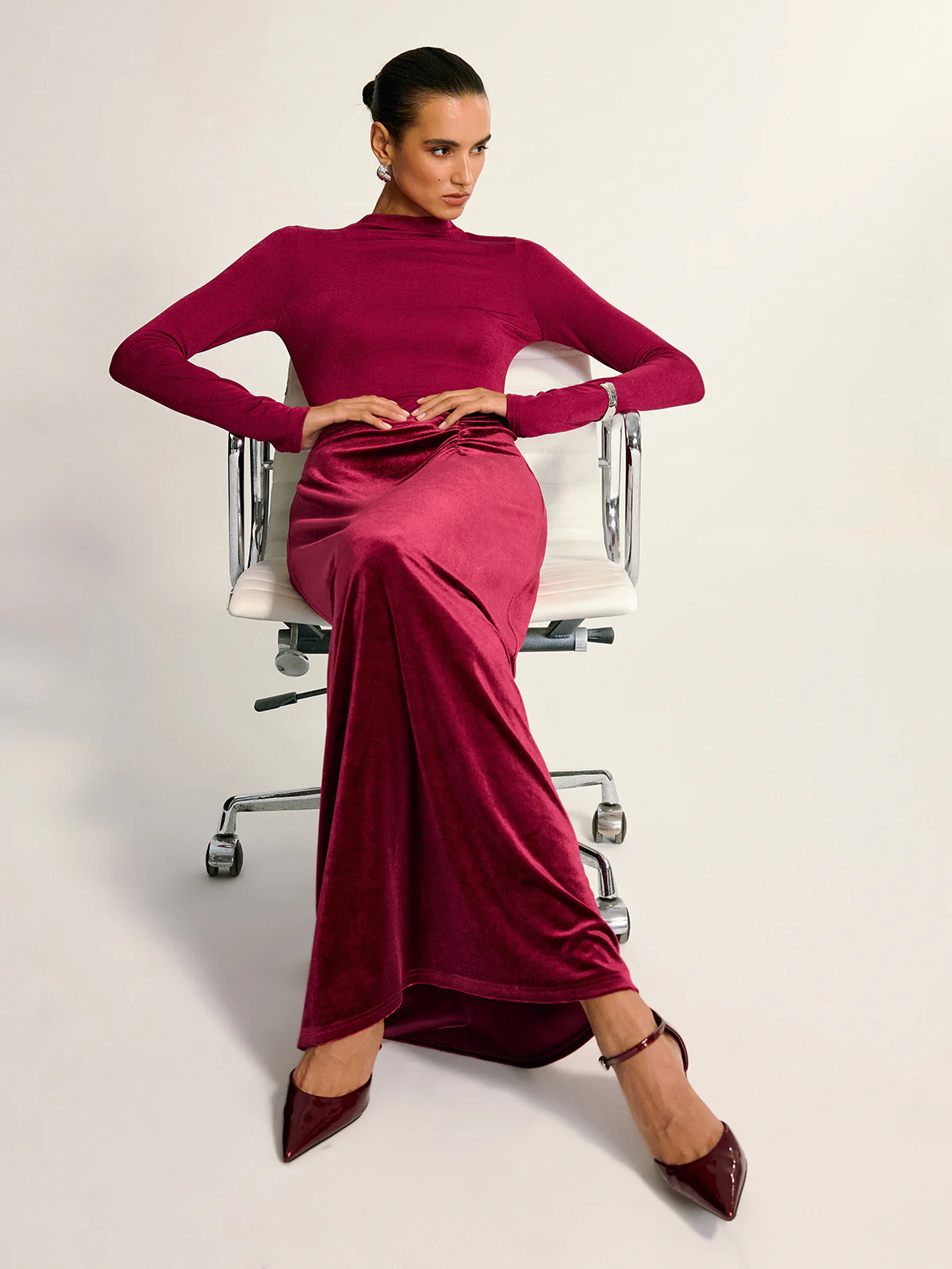 Velvet Panel Mock Neck Backless Maxi Dress - Wholesalesil