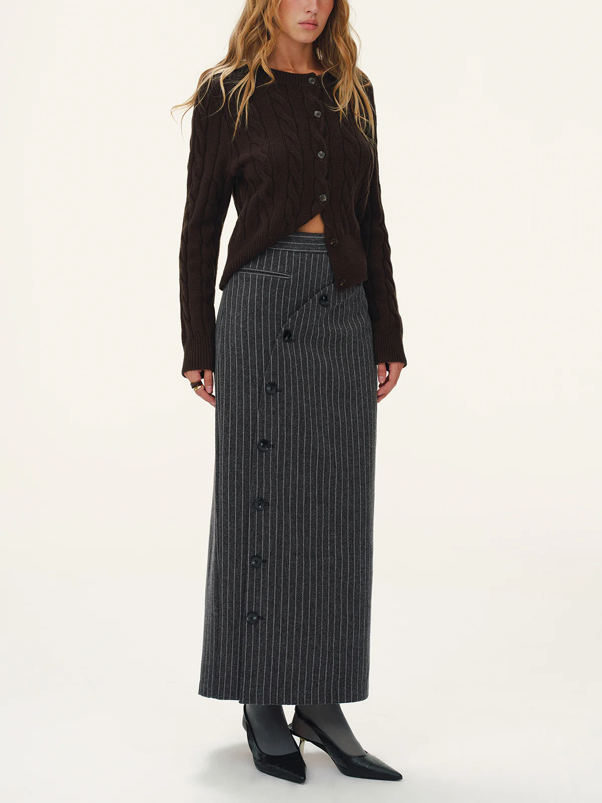 Asymmetric Button Striped Maxi Skirt - Wholesalesil