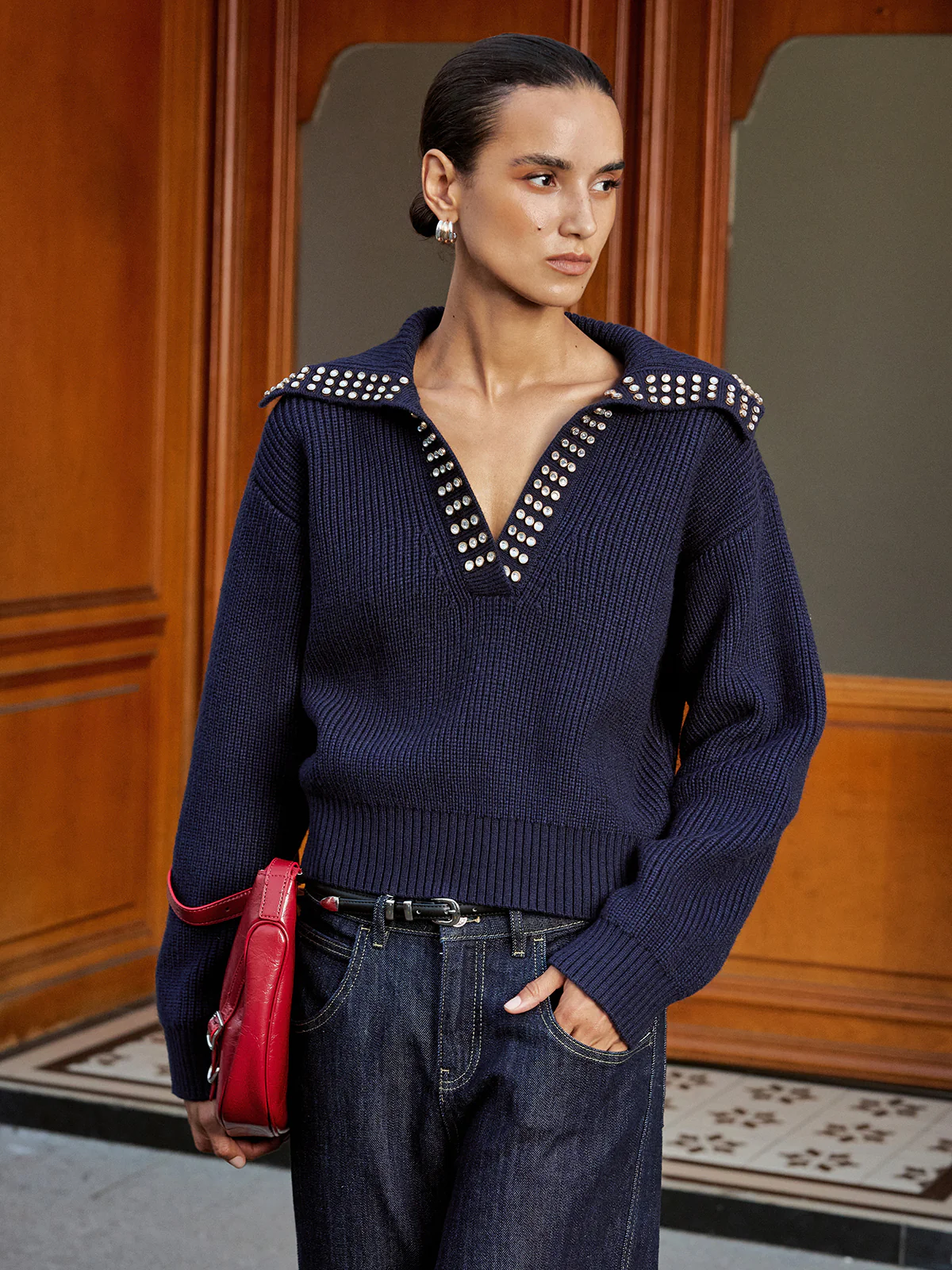 Studded Collar Wool Blend V-Neck Sweater - Wholesalesil