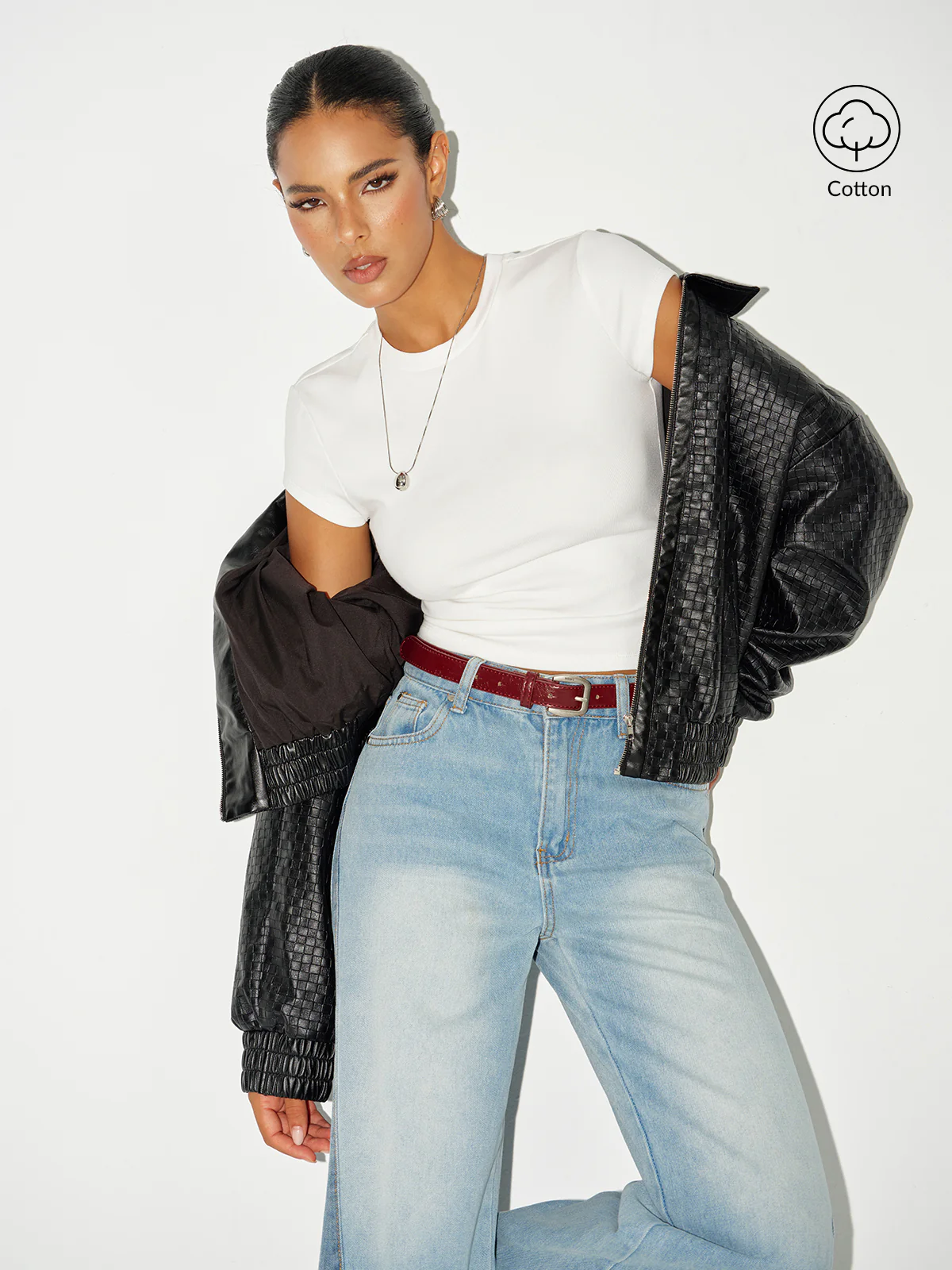 Ribbed Crew Neck Short Sleeve Cotton-Blend Top - Wholesalesil