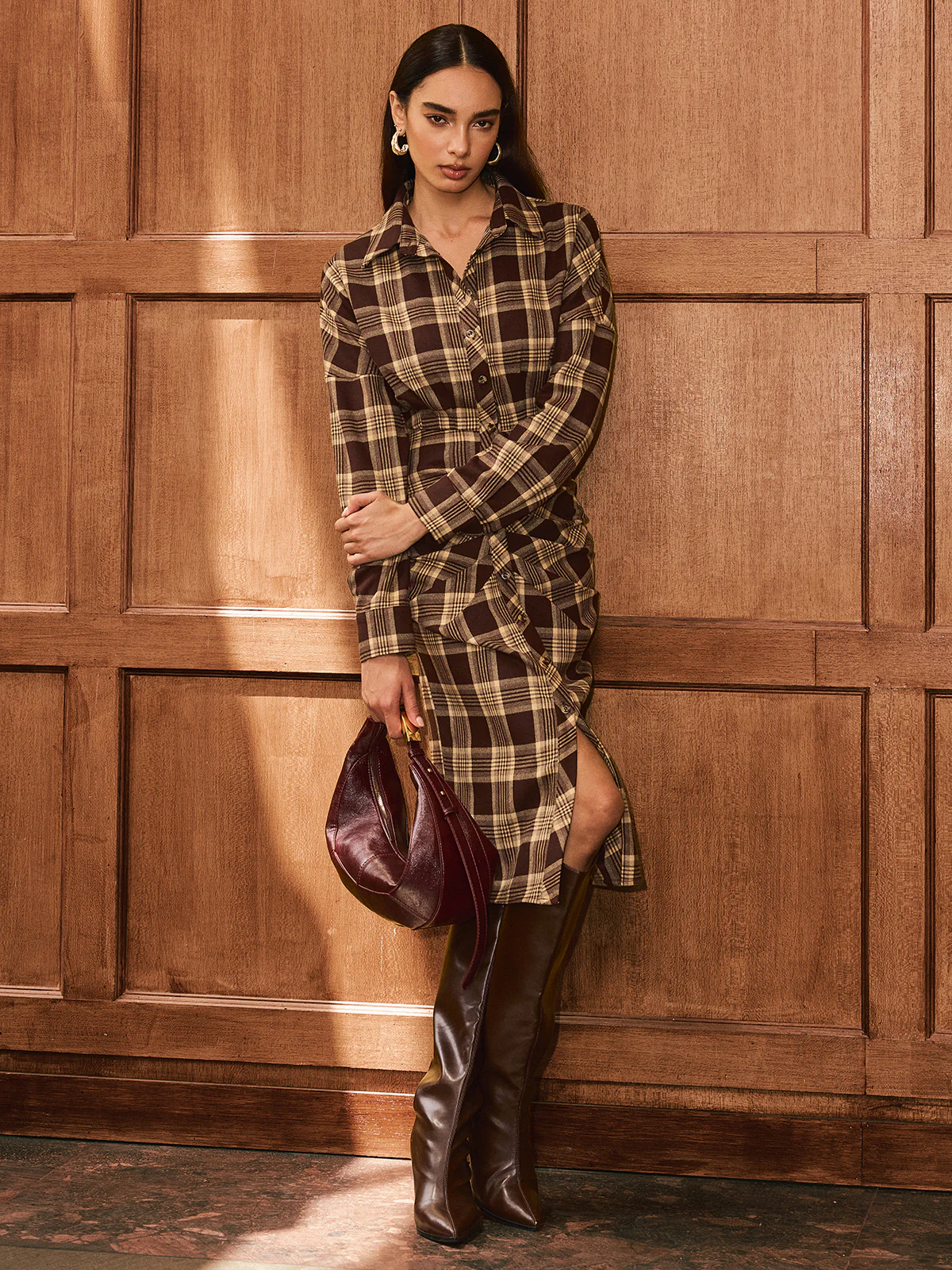Ruched Button-Front Plaid Shirt Dress - Wholesalesil