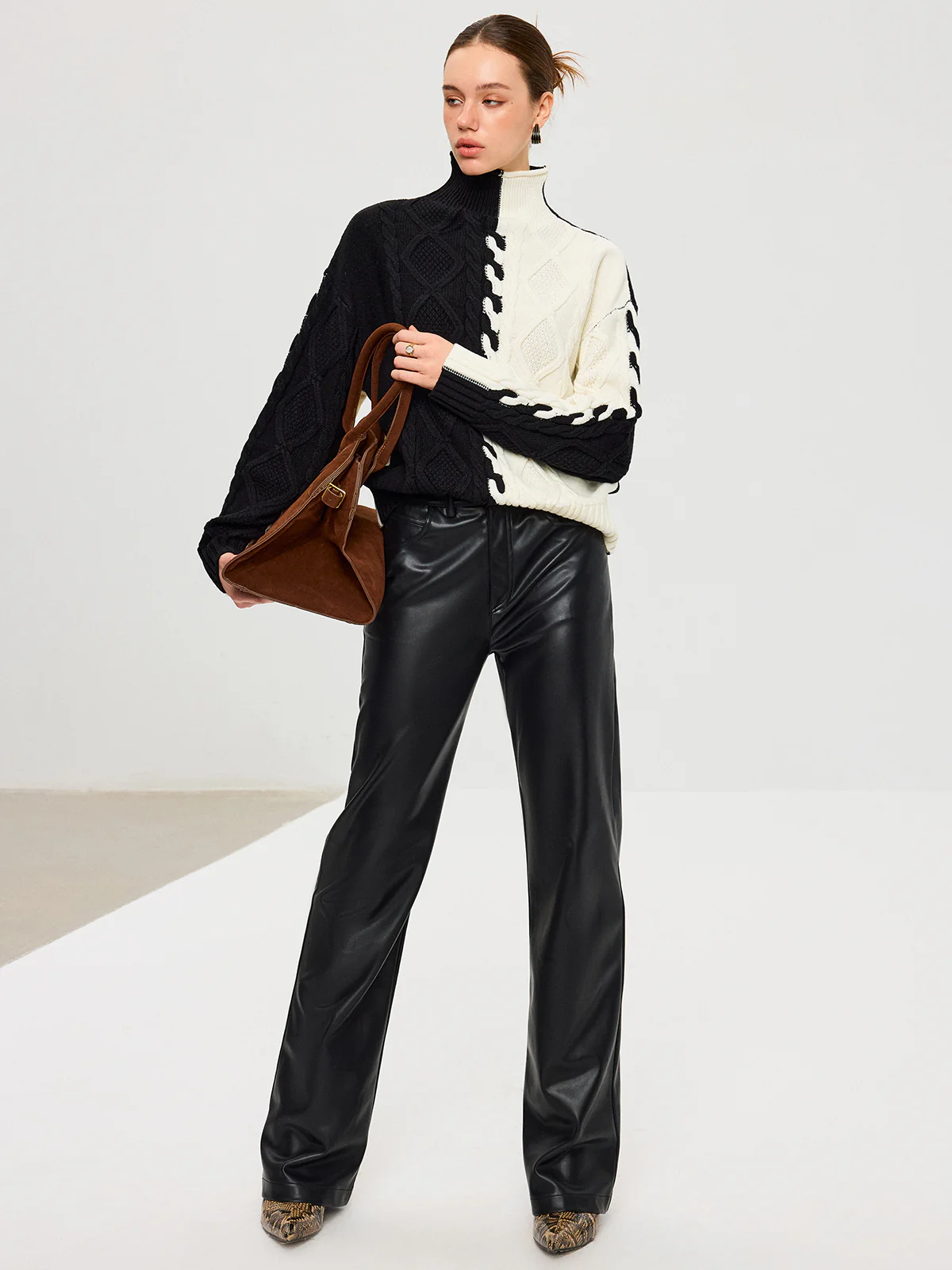 Color-Block Cable Knit Turtleneck Sweater - Wholesalesil