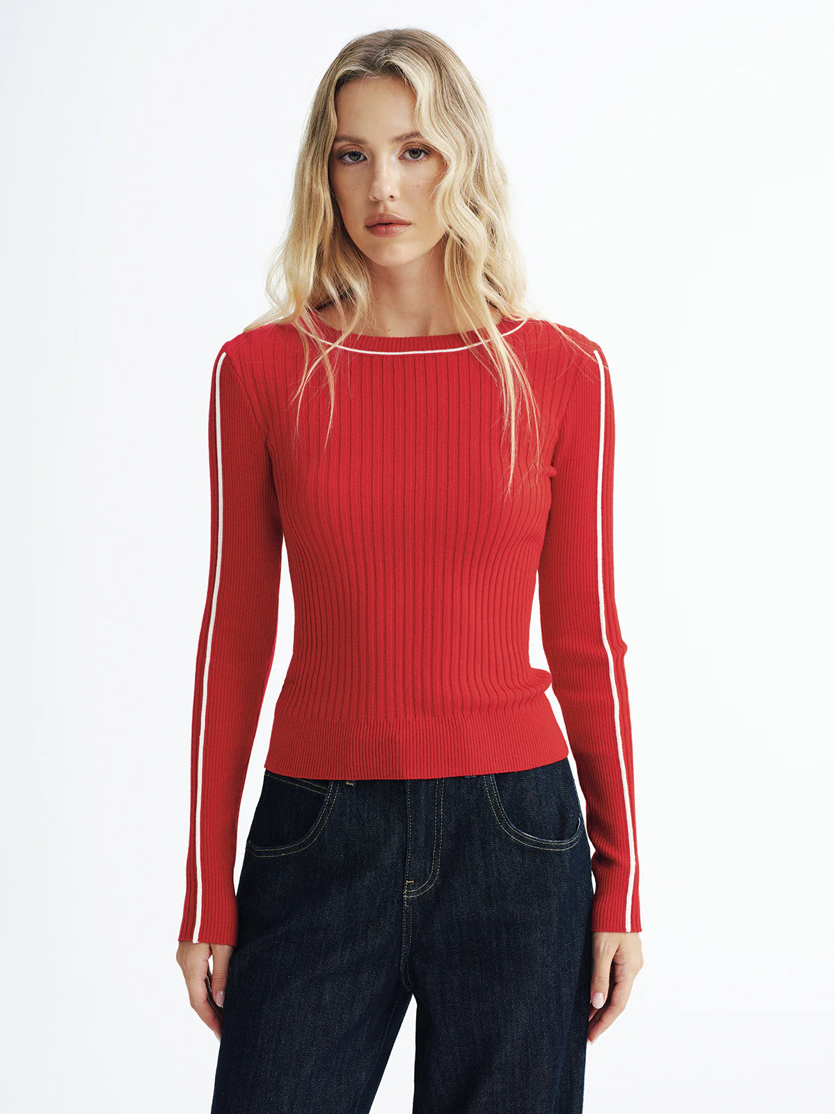 Contrast Trim Wool-Blend Ribbed Knit Sweater - Wholesalesil