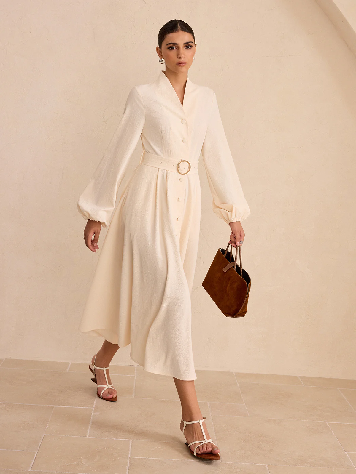 Belted Button-Front Long-Sleeve Midi Dress - Wholesalesil