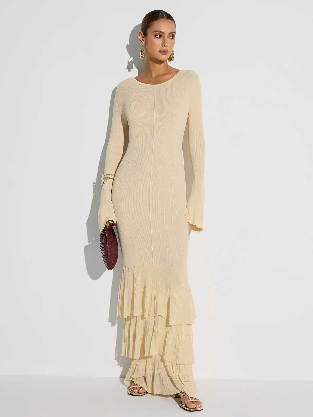 Layered Ruffled Hem Knit Maxi Dress - Wholesalesil