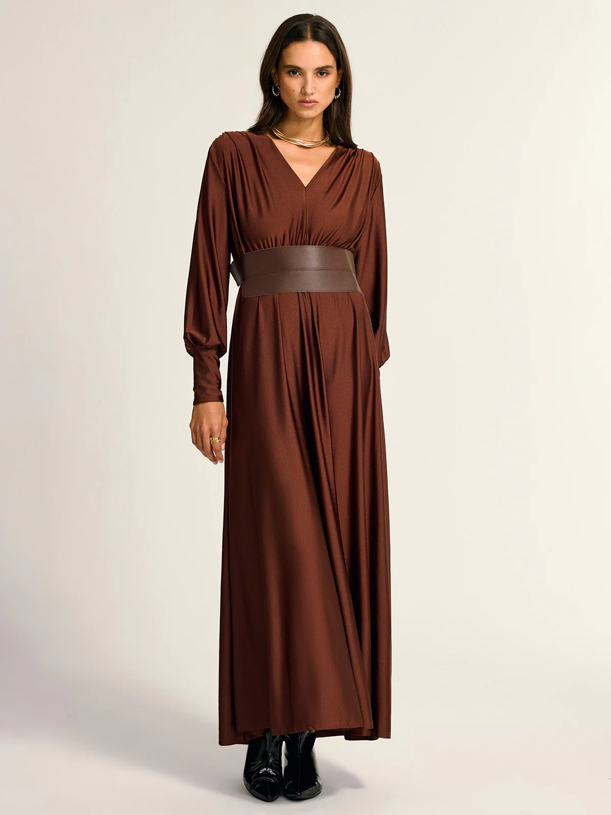 Wide Belted Long Sleeve V-Neck Maxi Dress - Wholesalesil