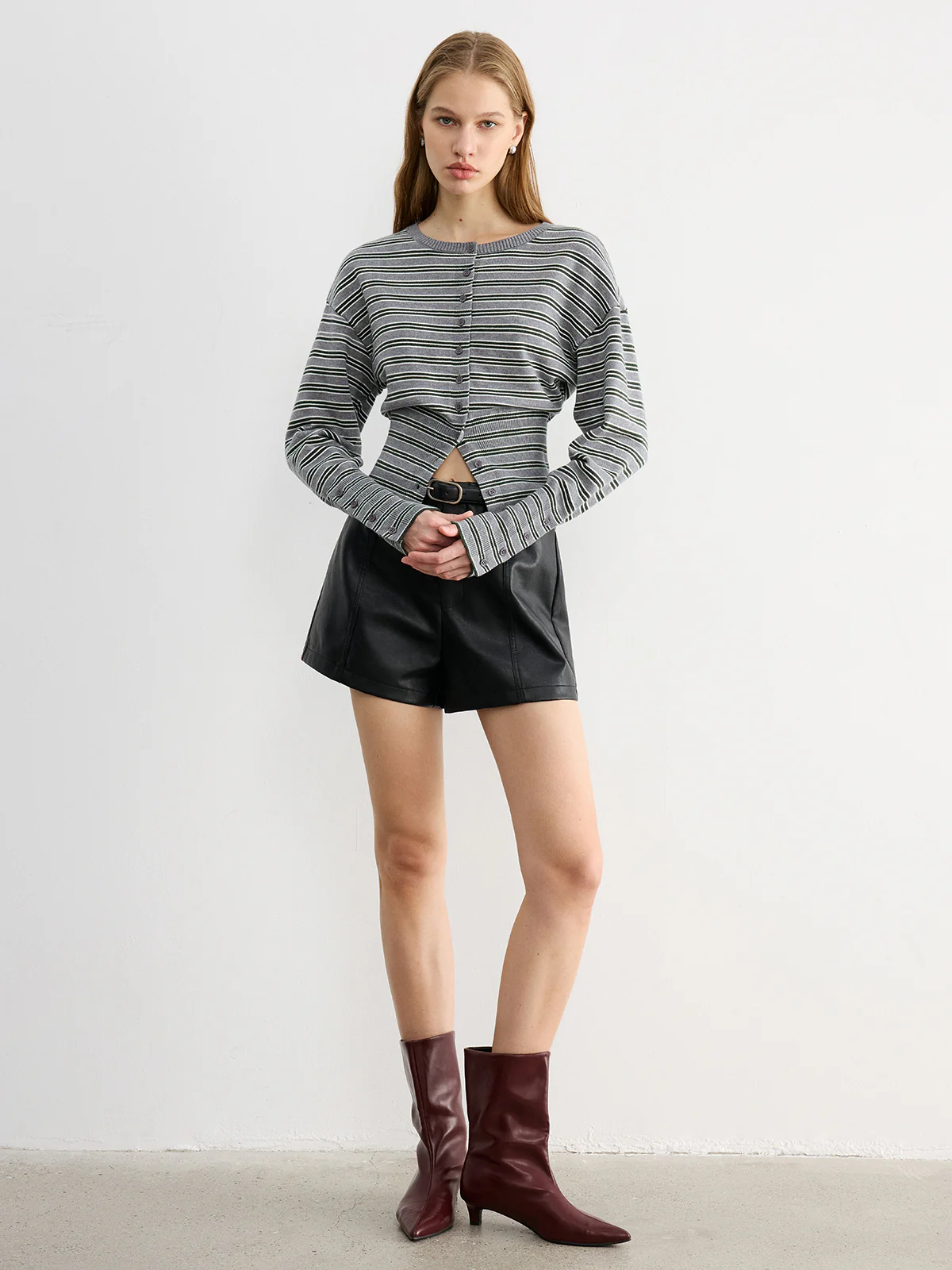 Waist Cinched Stripe Cardigan - Wholesalesil