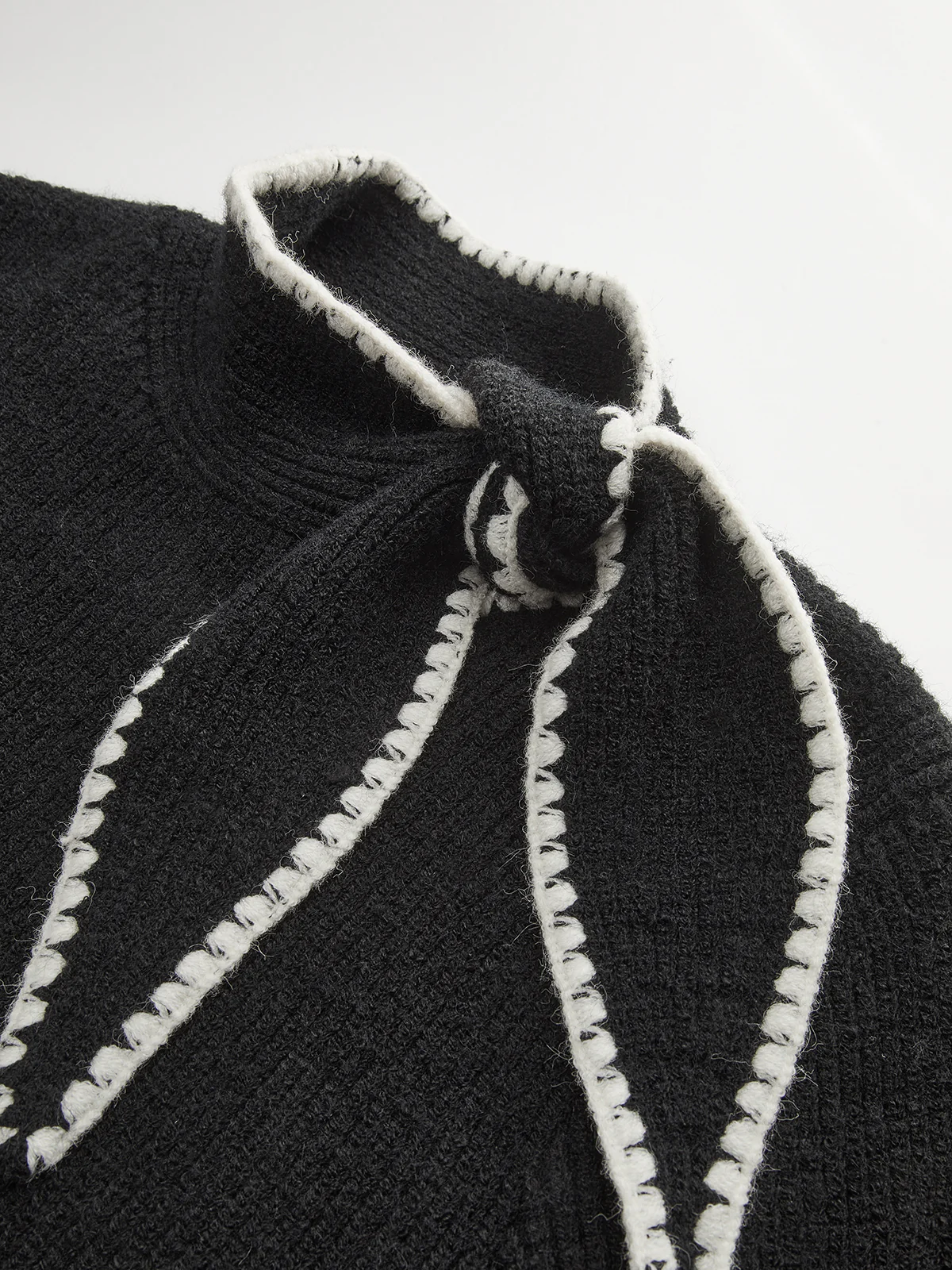 Mock Neck Tie Neck Contrast Stitch Sweater - Wholesalesil