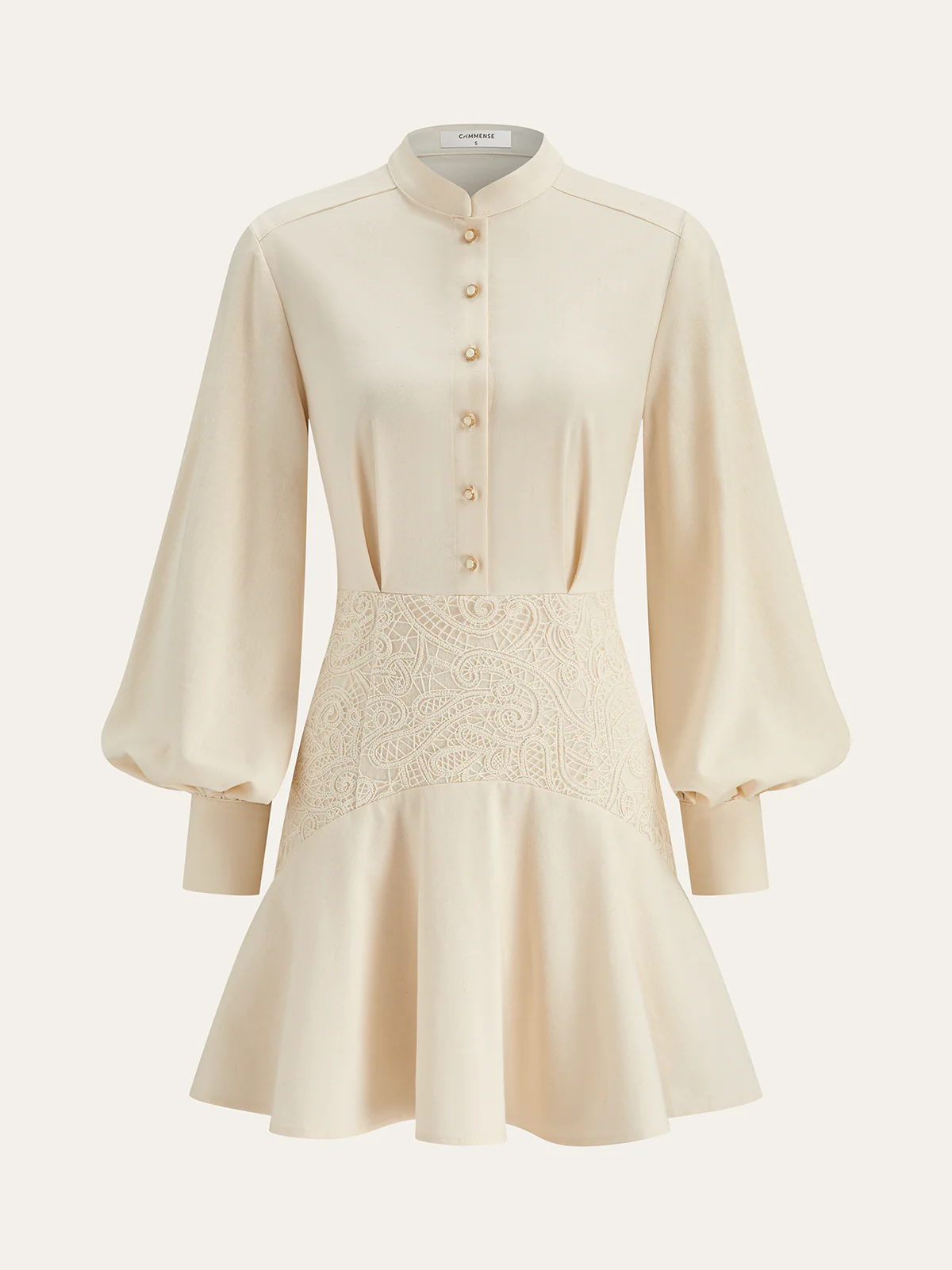 Stand Collar Button Lace Waist Dress - Wholesalesil