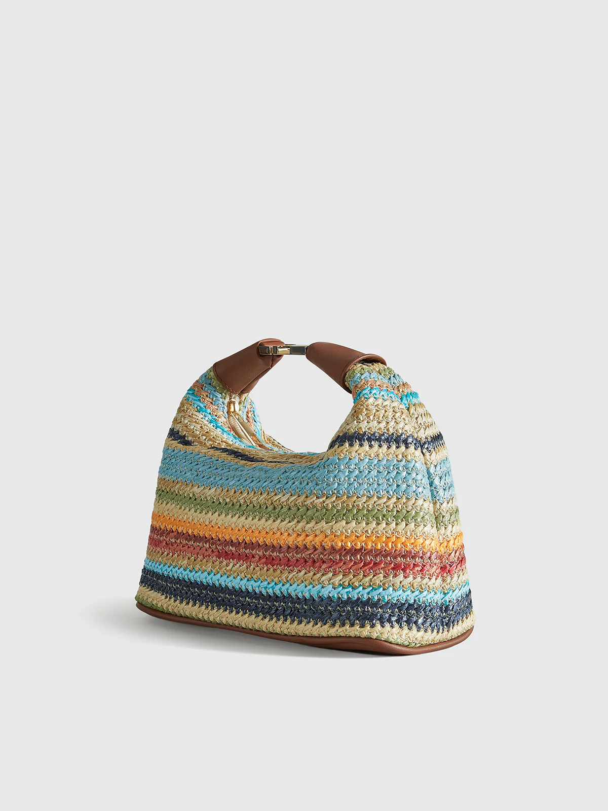 Color-Block Striped Straw Handbag with Leather Strap - Wholesalesil