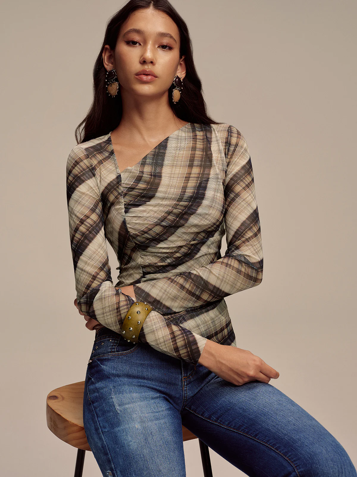 Semi-Sheer Mesh Asymmetric Ruched Blouse - Wholesalesil