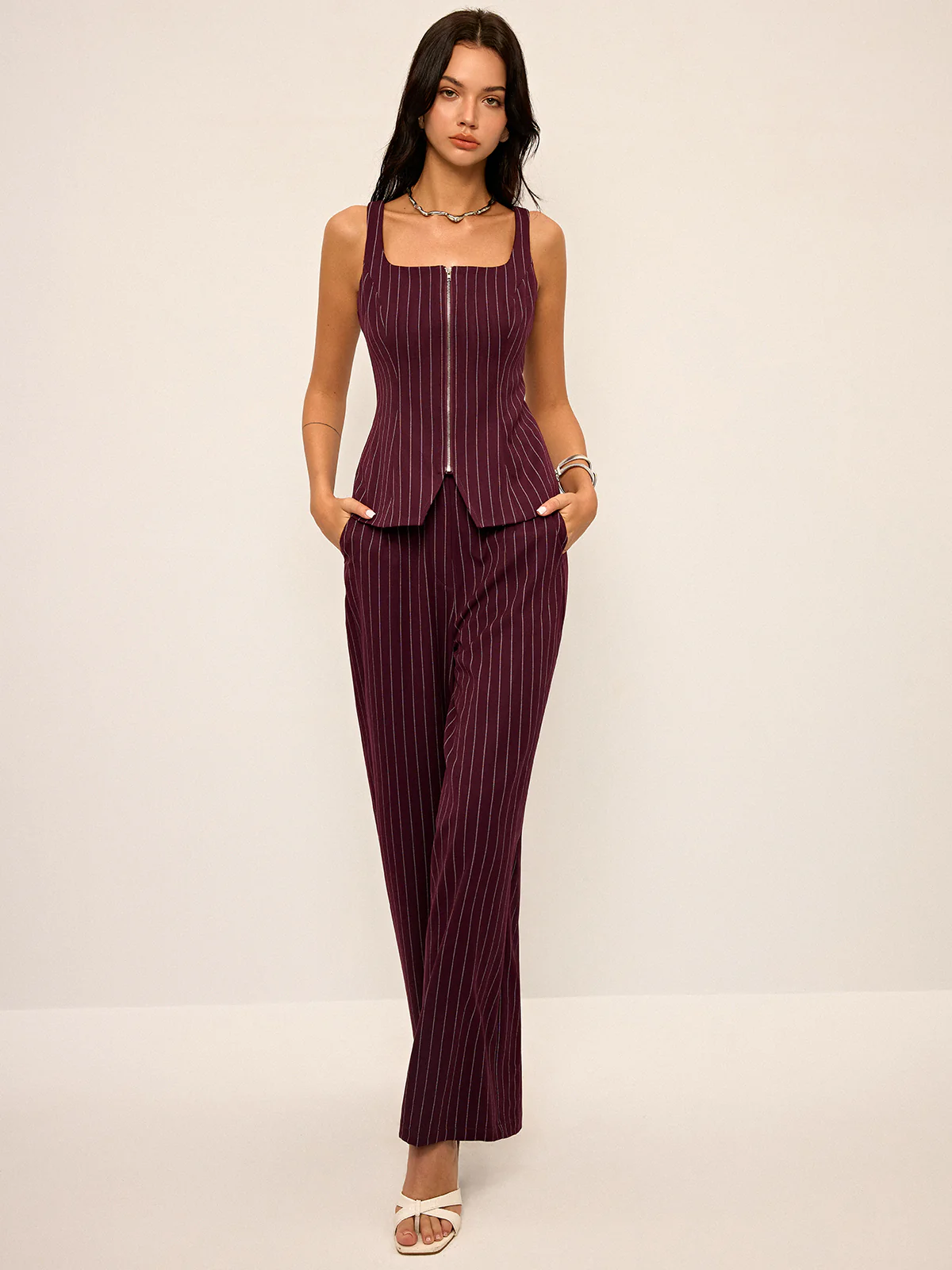 Pinstripe Wide-Leg Straight Pants - Wholesalesil
