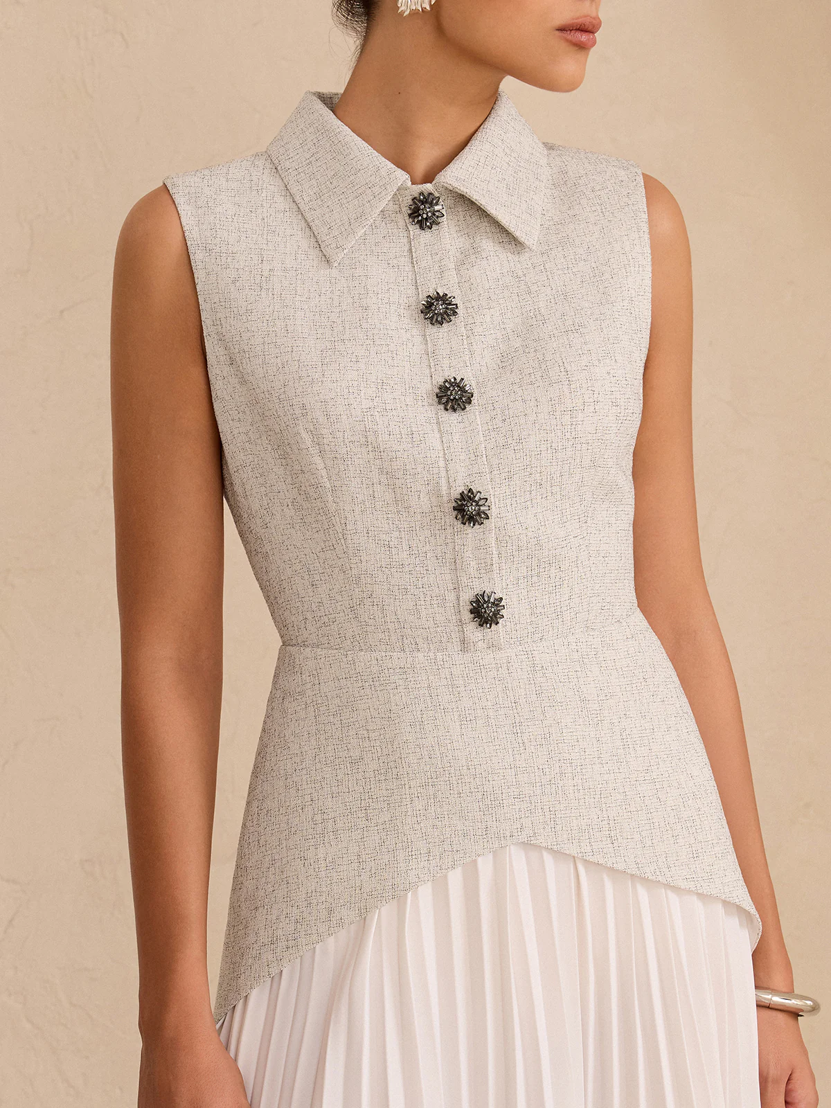 Sleeveless Collared Top Panel Pleated Skirt Mini Dress - Wholesalesil