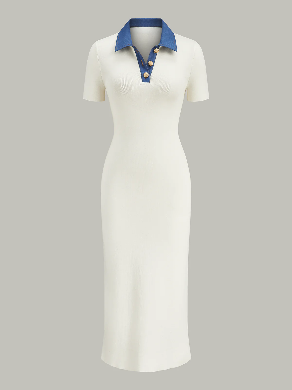 Denim-Collar Buttoned Polo Knit Midi Dress - Wholesalesil