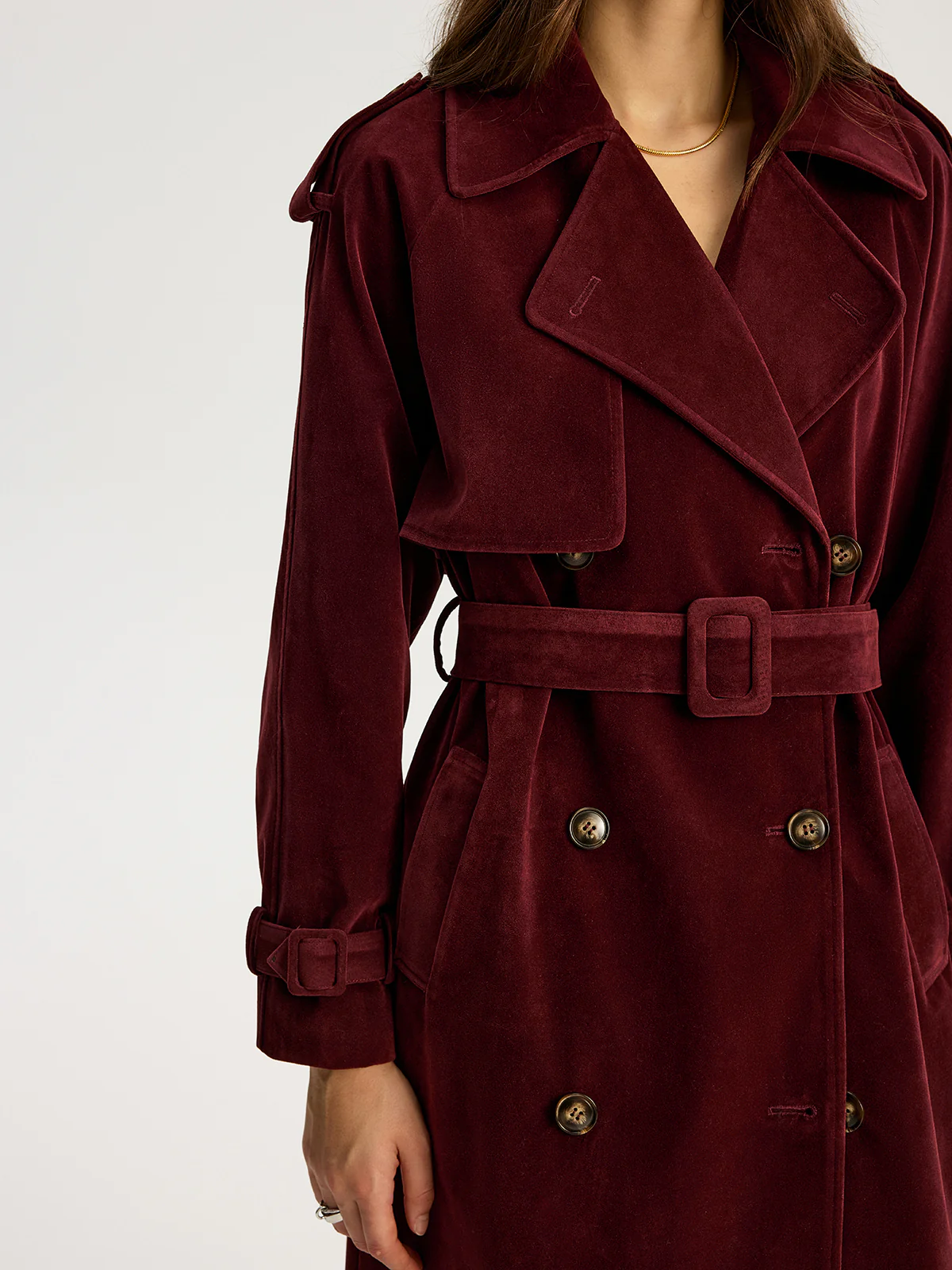 Belted Double-Breasted Suede Effect Long Trench Coat - Wholesalesil