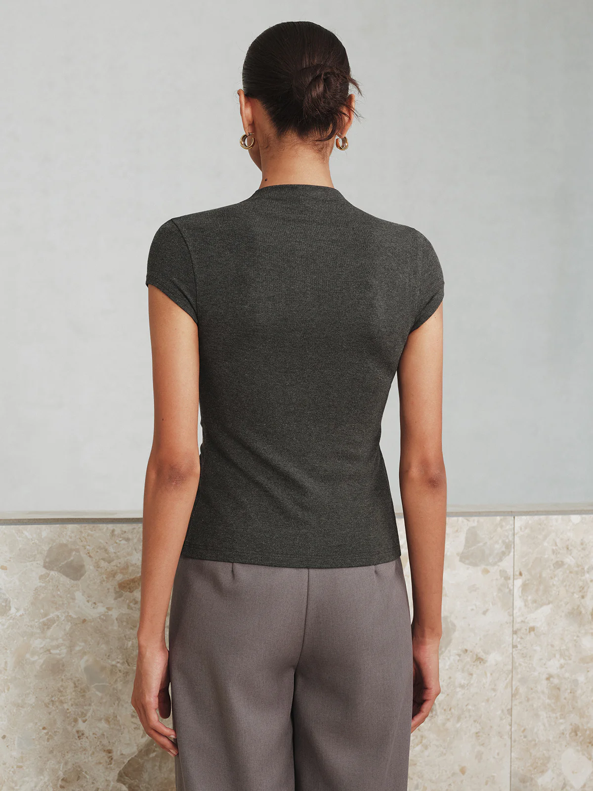 Mock Neck Cap-Sleeve Button T-Shirt - Wholesalesil