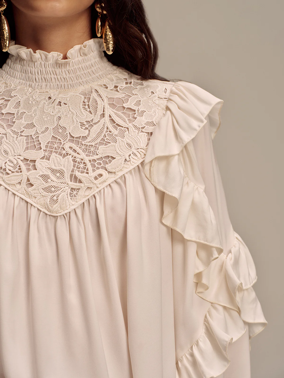 Embroidered Mock Neck Ruffled Blouse - Wholesalesil