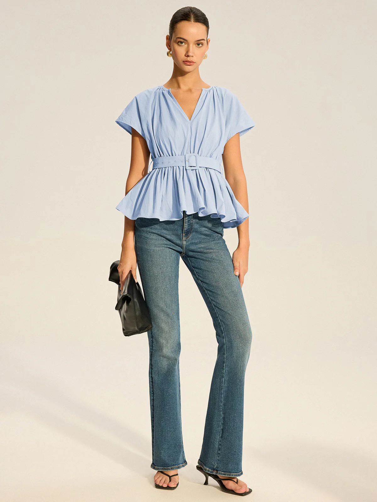 Belted V-Neck Pleated Peplum Top - Wholesalesil