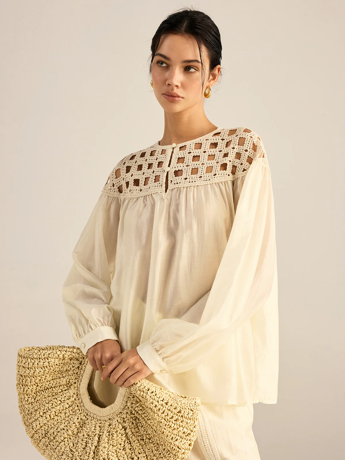 Semi-Sheer Crochet Tencel Blouse - Wholesalesil
