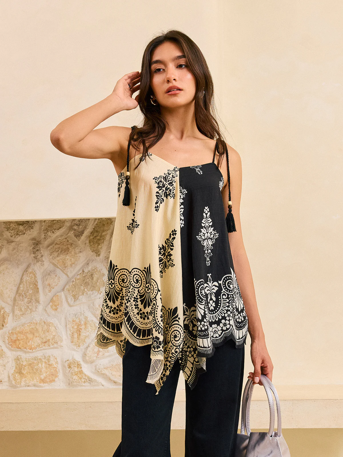 Bohe Print Tassel Tie-Back Tank Top - Wholesalesil