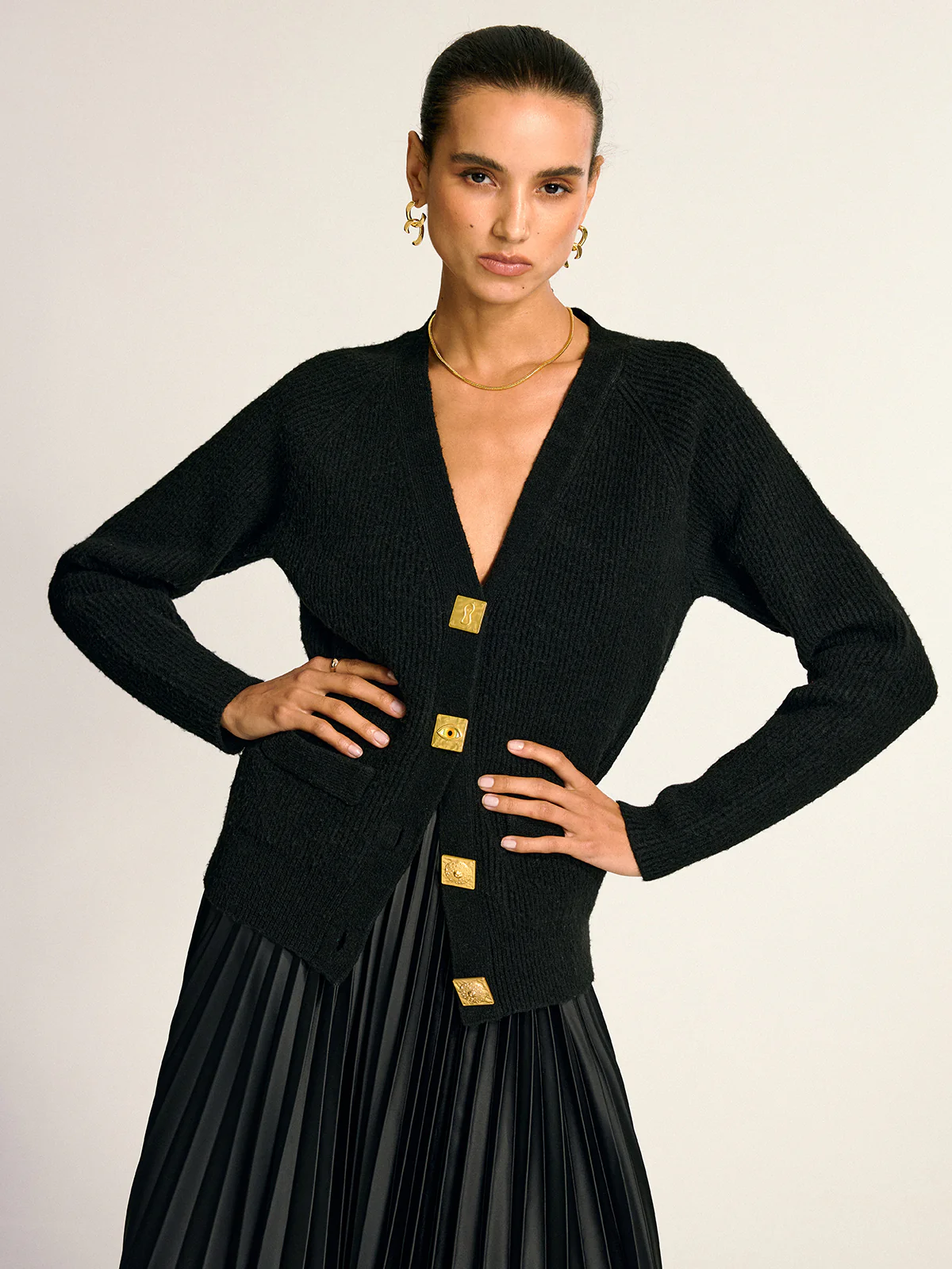 Metal Button V-Neck Wool Blend Cardigan - Wholesalesil