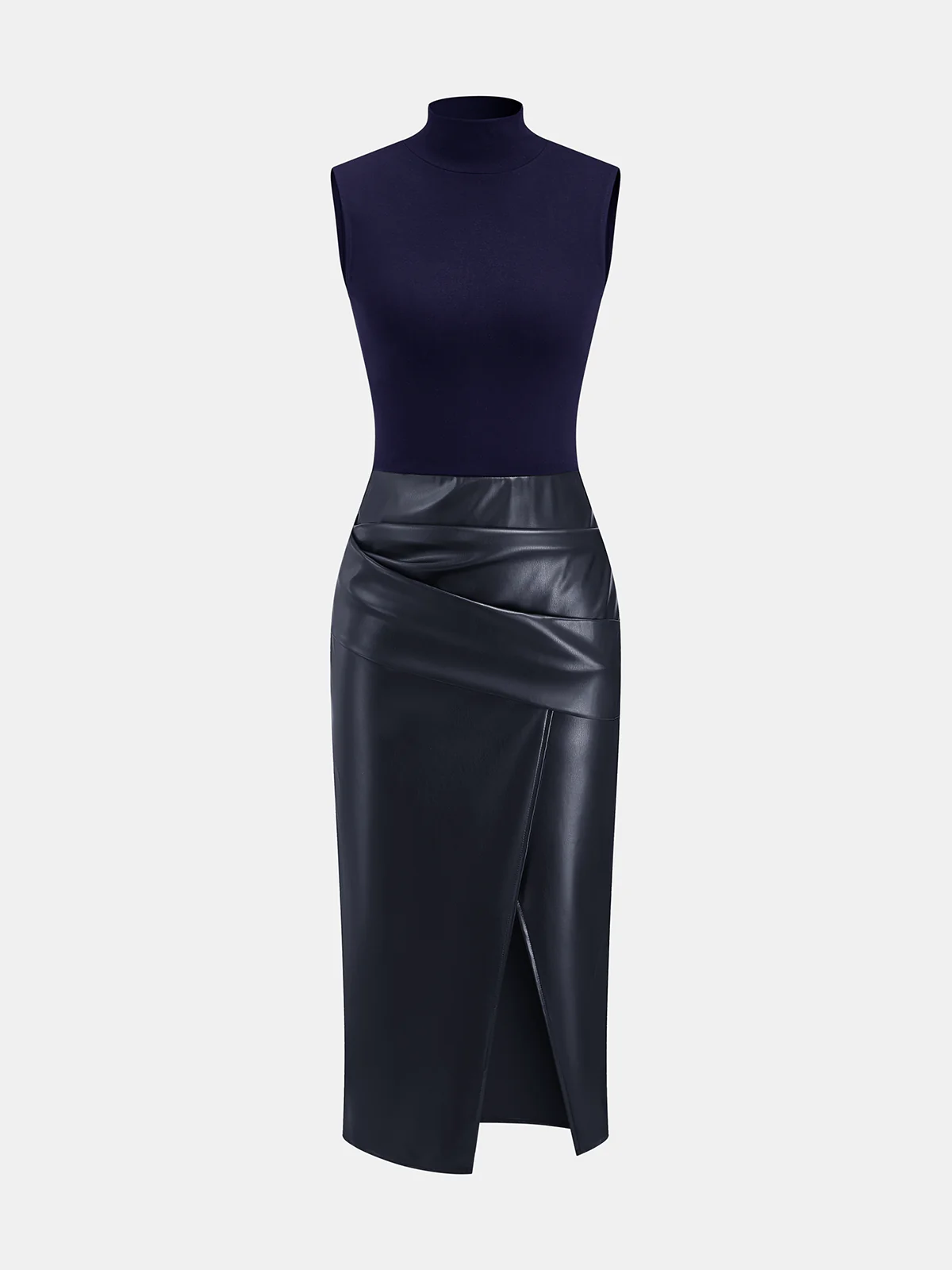 Faux Leather Panel Mock Neck Sleeveless Dress - Wholesalesil