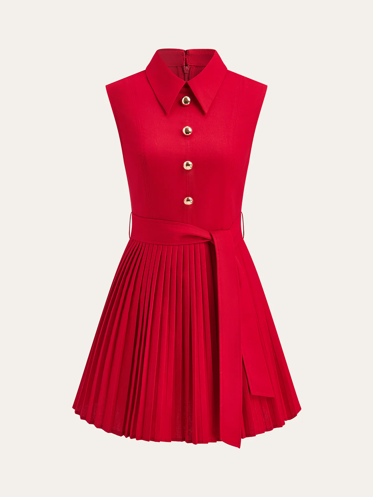 Shirt-Collar Pleated Dress with Belt - Wholesalesil