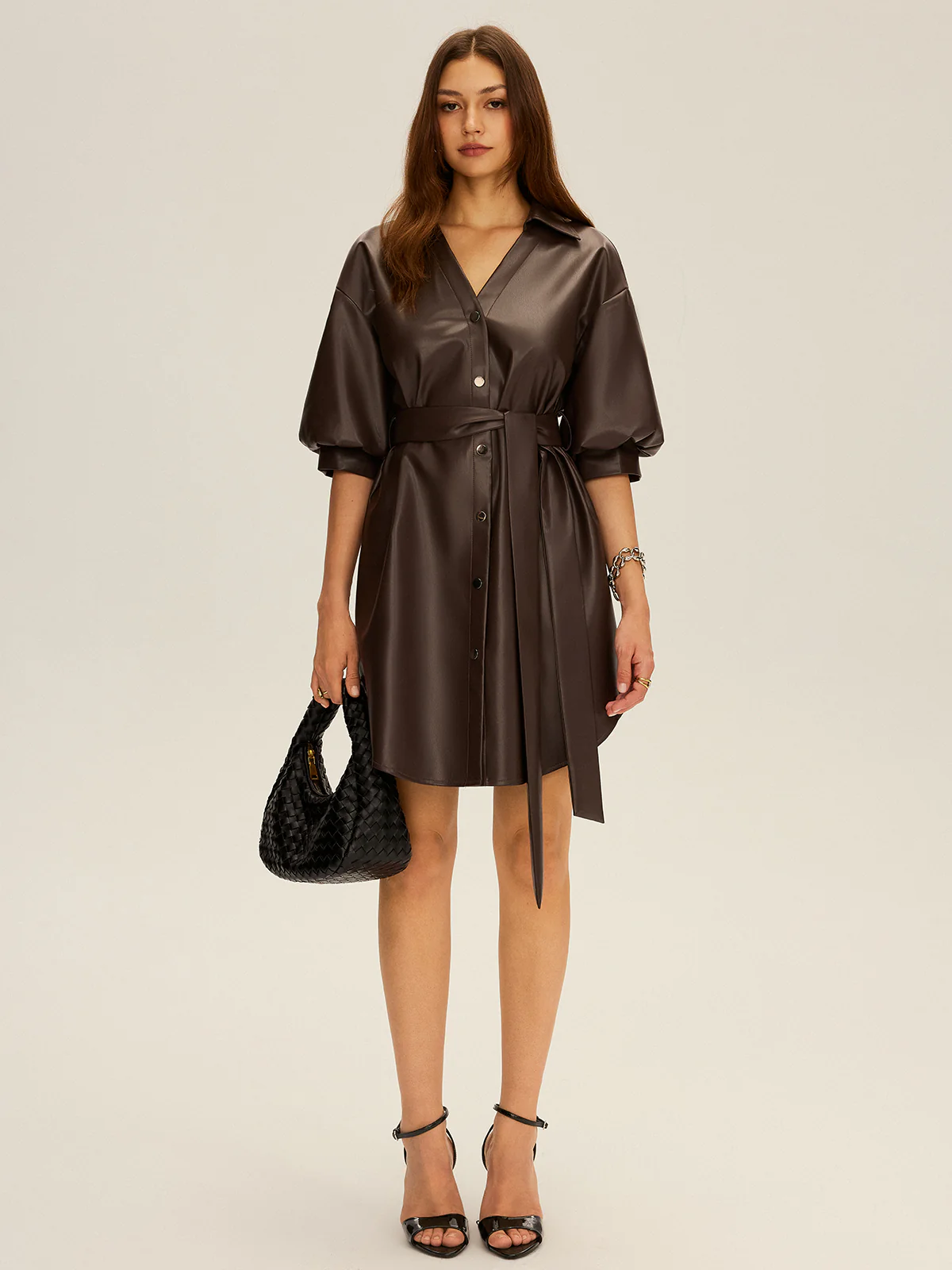 Faux Leather V-Neck Belted Mini Dress - Wholesalesil