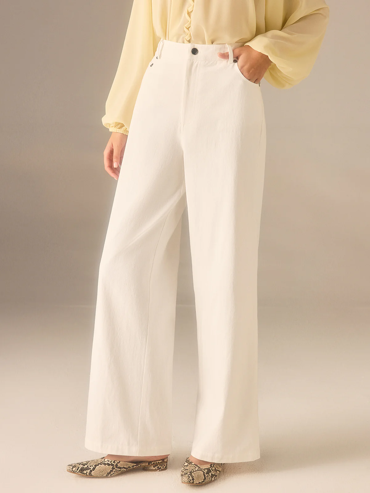 Cotton Twill Wide-Leg Pants with Metal Rivet Button - Wholesalesil