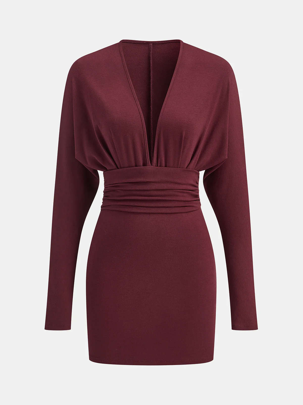 Deep V-Neck Ruched Long-Sleeve Mini Dress - Wholesalesil