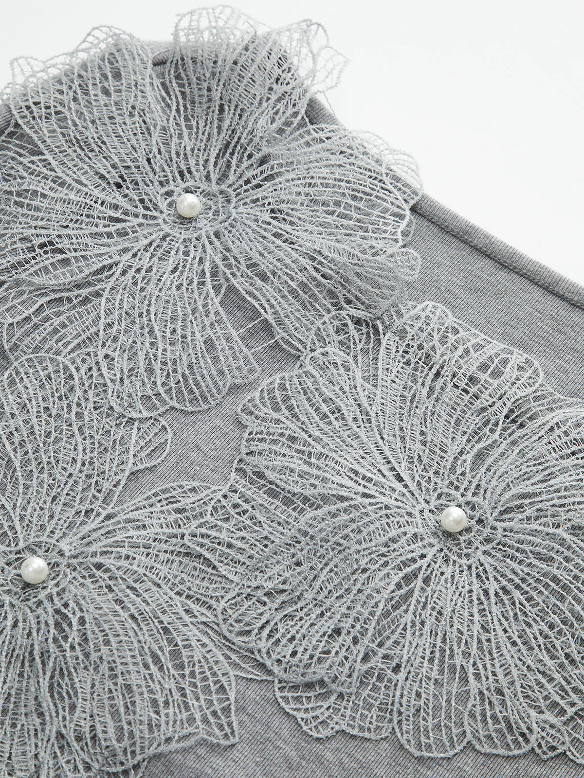 Faux Pearl Decor 3D Floral Fitted Soft Knit Top - Wholesalesil