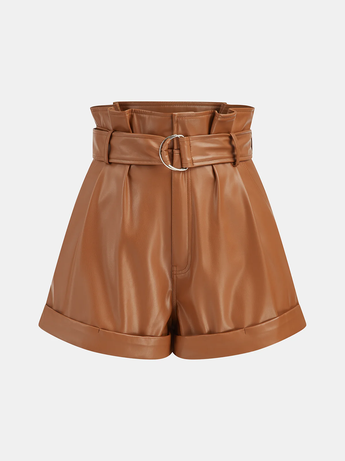 High-Waist PU Leather Cuffed Shorts with Belt - Wholesalesil