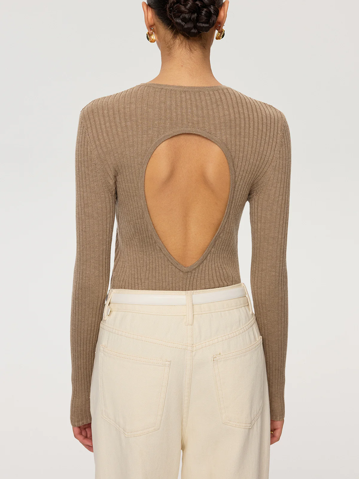 Ribbed Cut-Out Back Wool Blend Sweater - Wholesalesil
