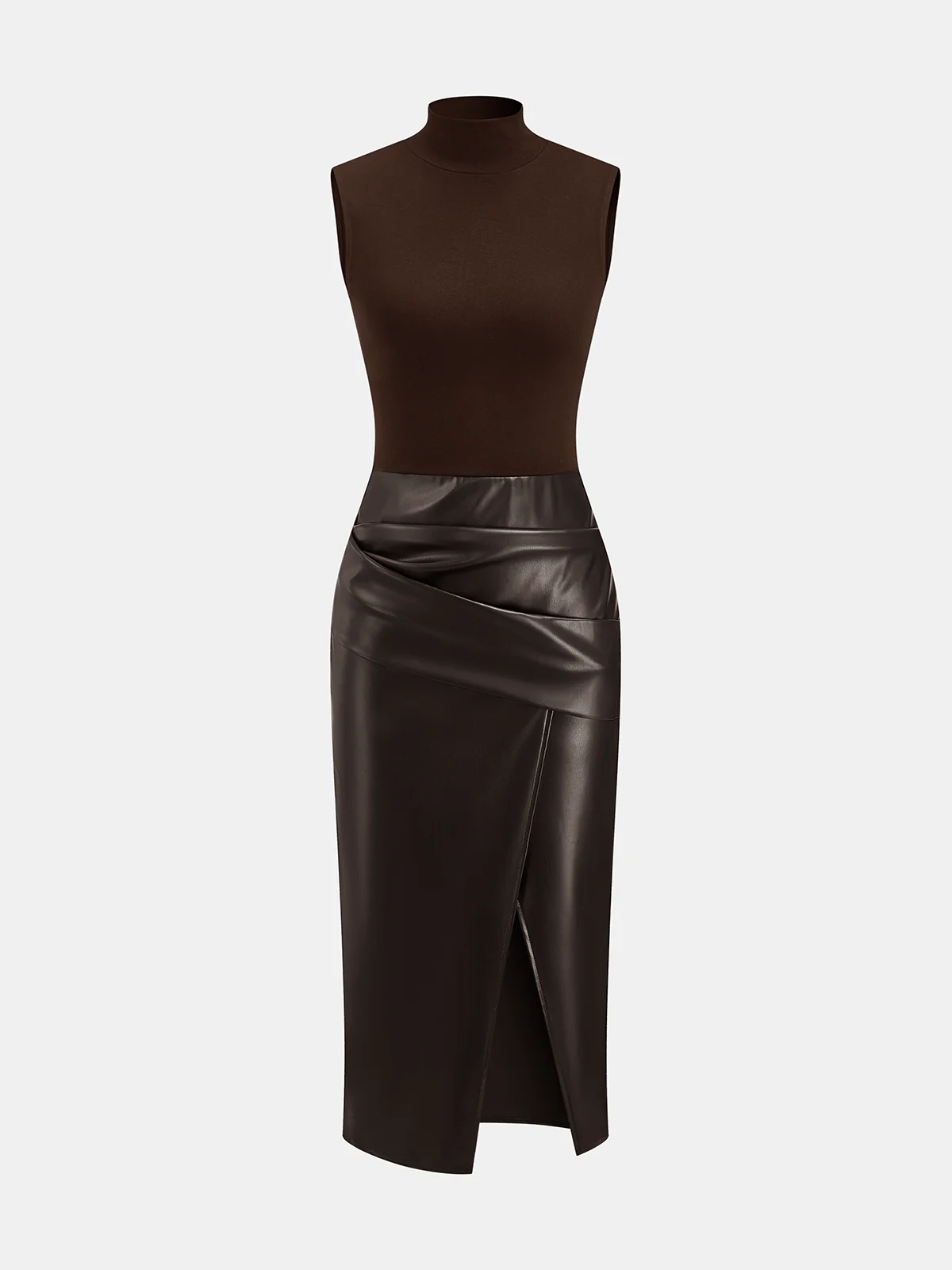 Faux Leather Panel Mock Neck Sleeveless Dress - Wholesalesil