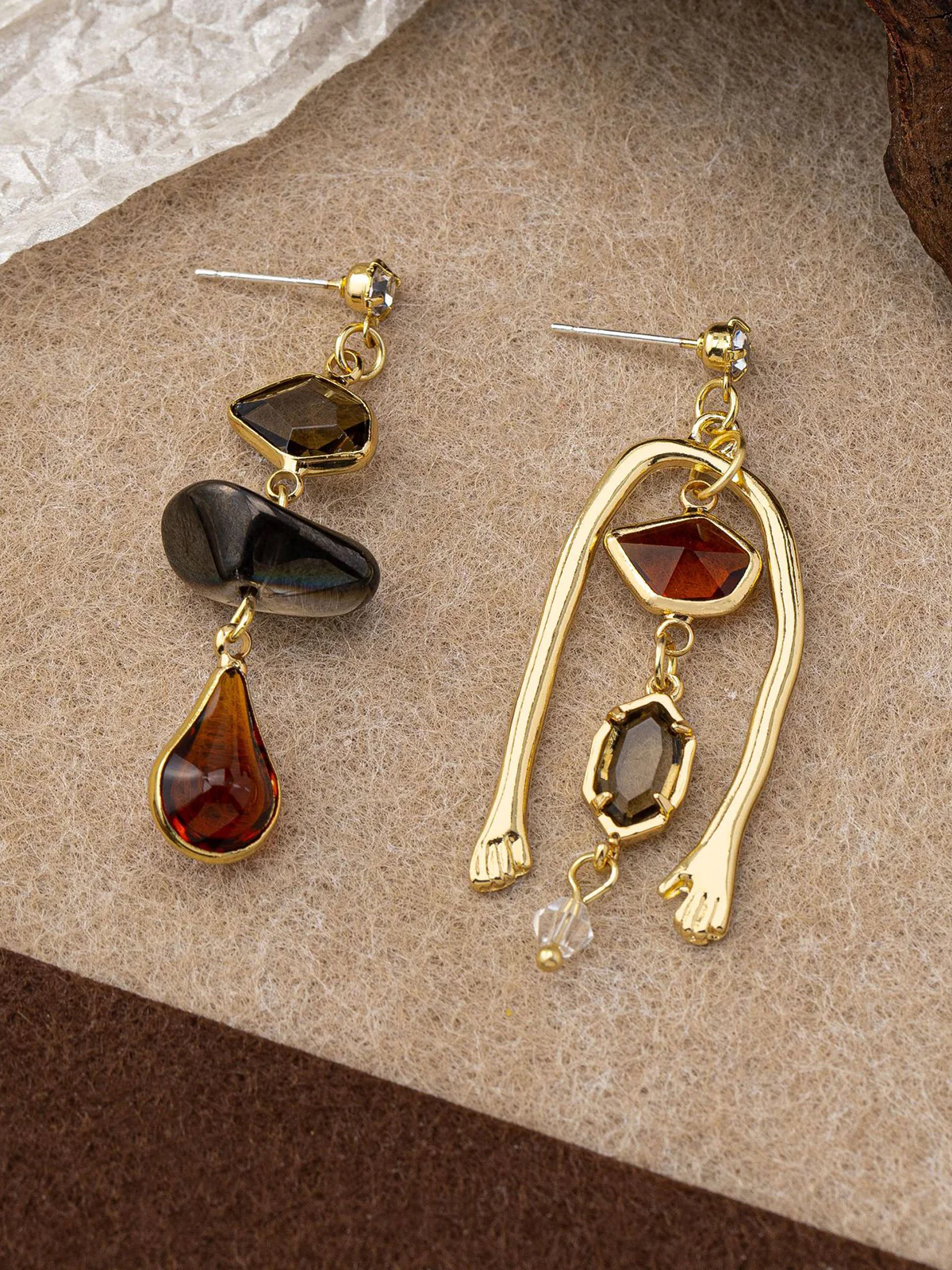 Asymmetrical Gemstone Drop Earrings With Hand Detail - Wholesalesil