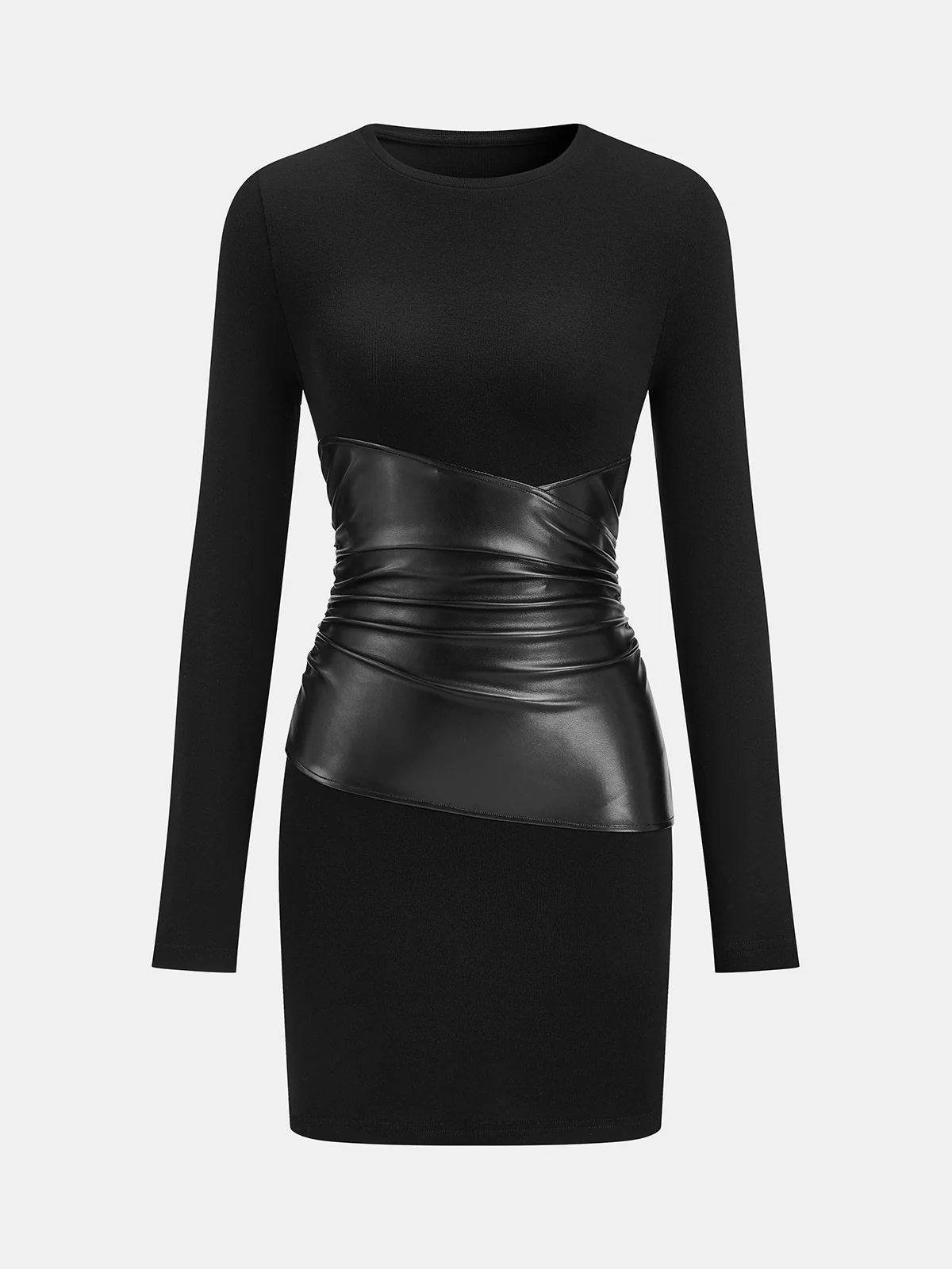PU Leather Panel Long Sleeve Knit Dress - Wholesalesil