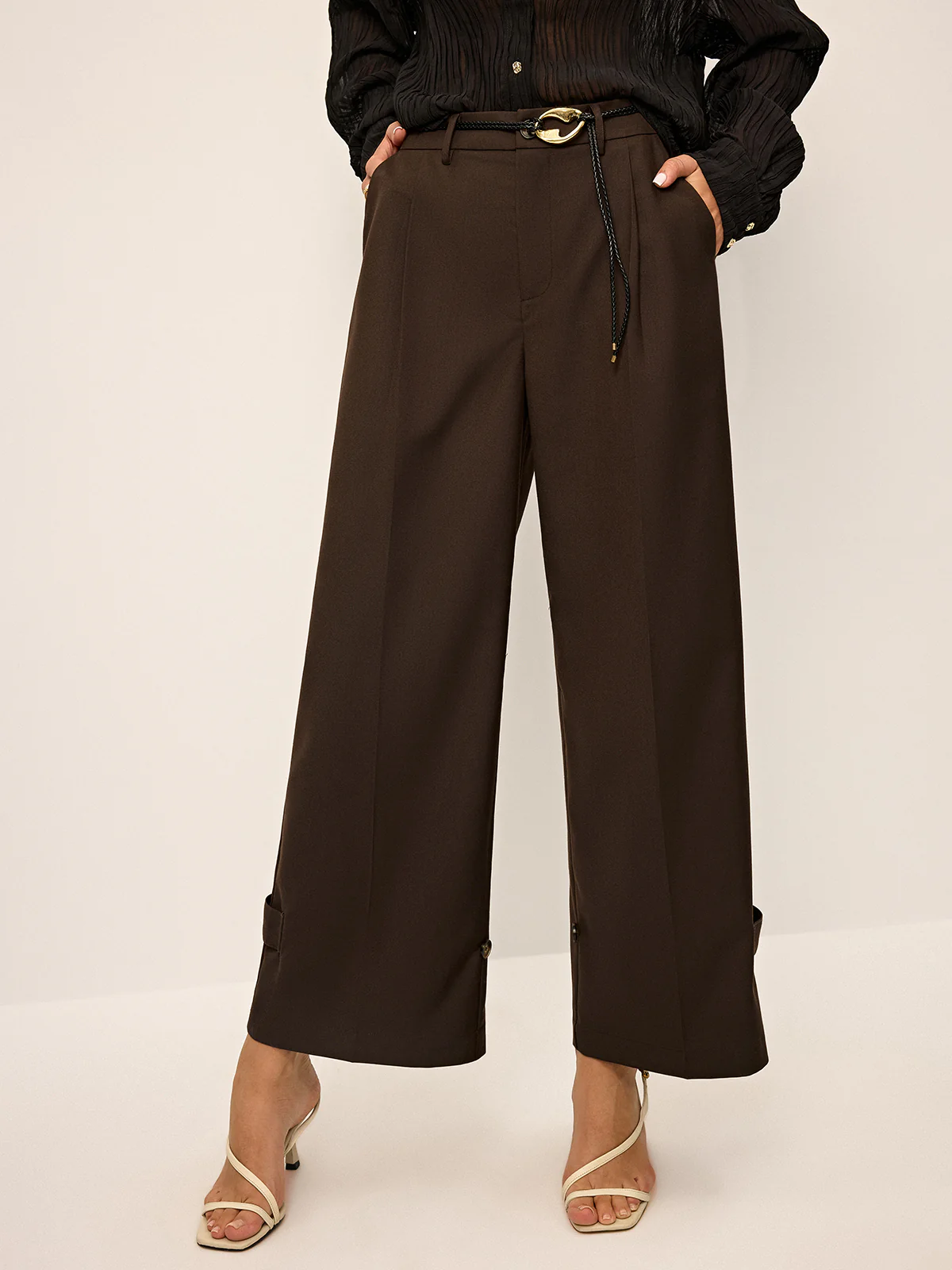 Pleated Wide-Leg Pants with Ankle Button Detail - Wholesalesil