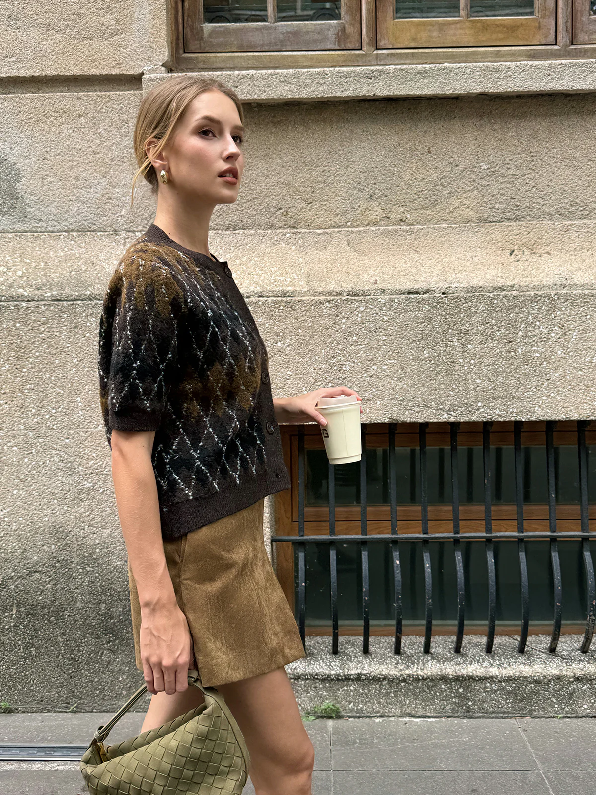 Argyle Pattern Short Sleeve Knit Cardigan - Wholesalesil