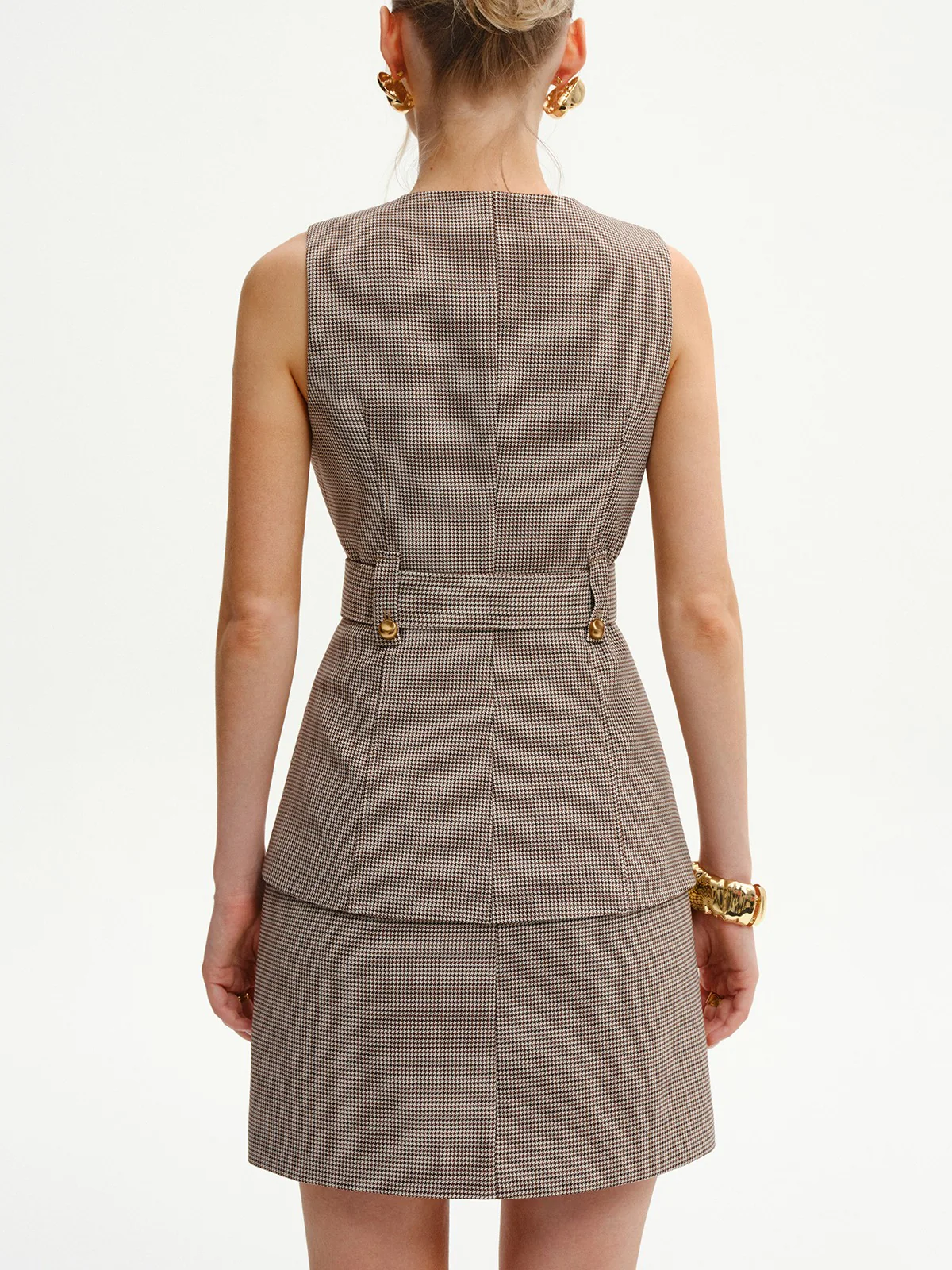 Belted Houndstooth Square-Neck Vest - Wholesalesil