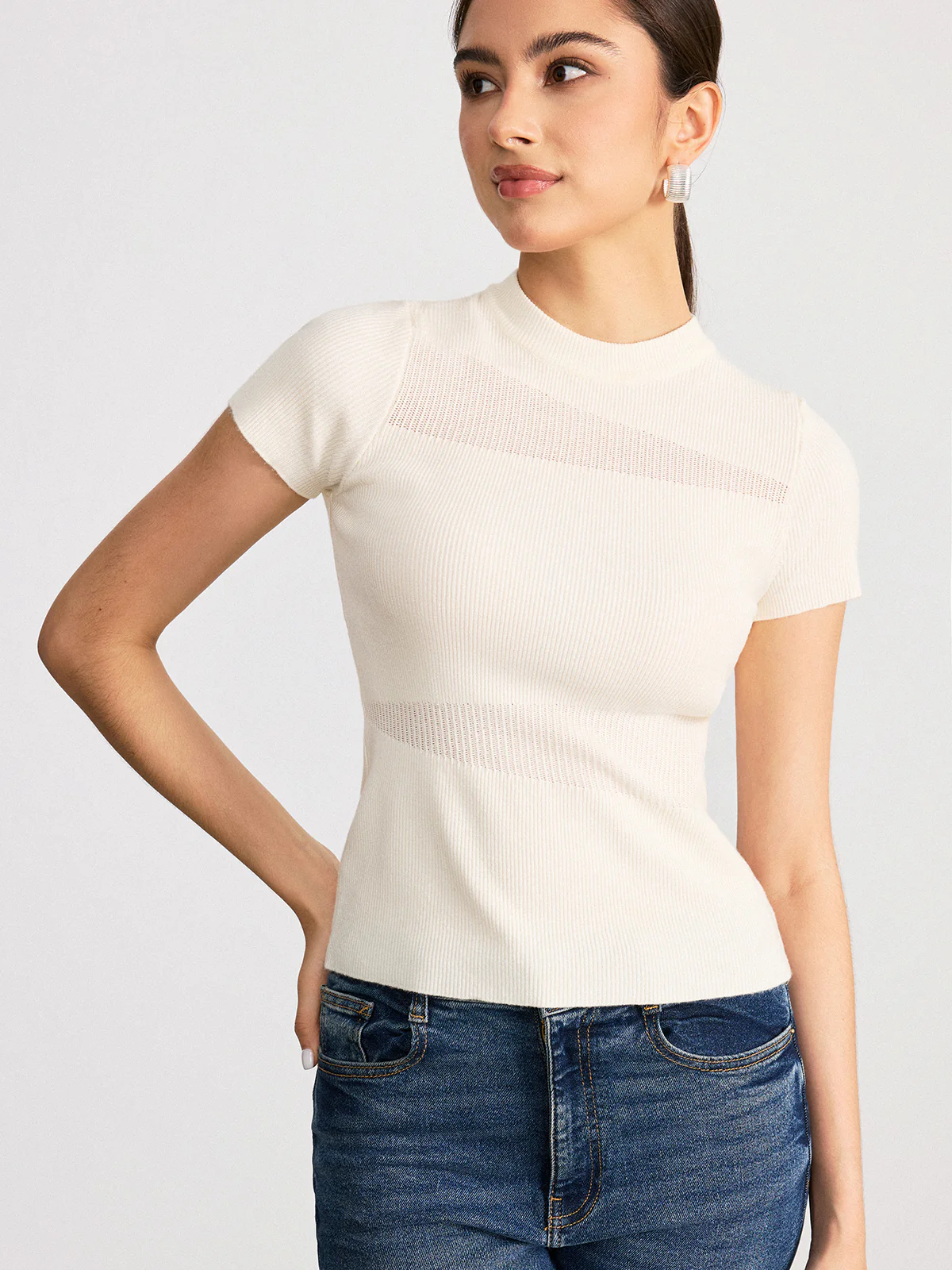 Sheer Panel Mock Neck Short Sleeve T-Shirt - Wholesalesil